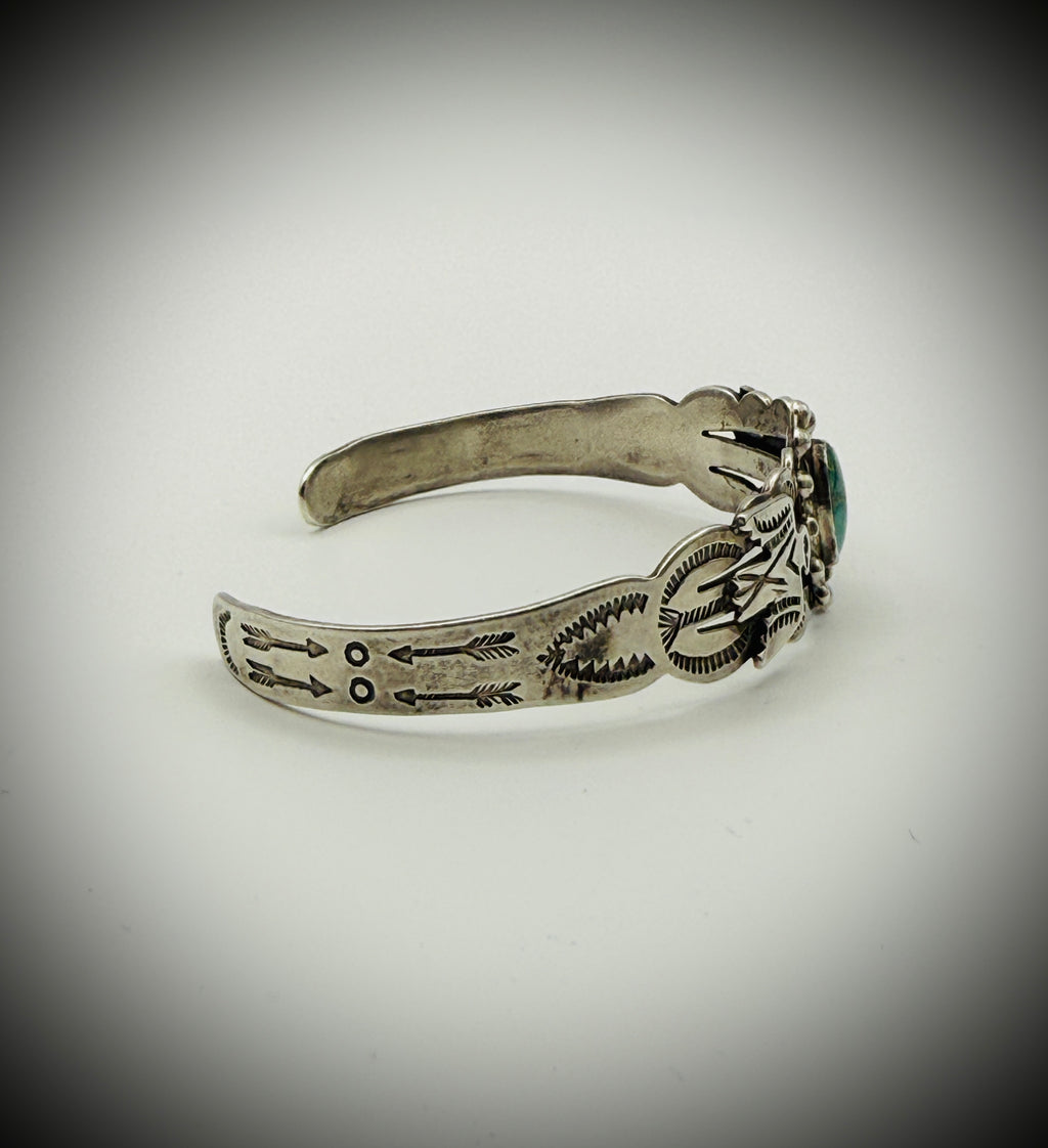 Vintage Fred Harvey Era Coin Silver Cuff Bracelet – Turquoise & Arrow Design