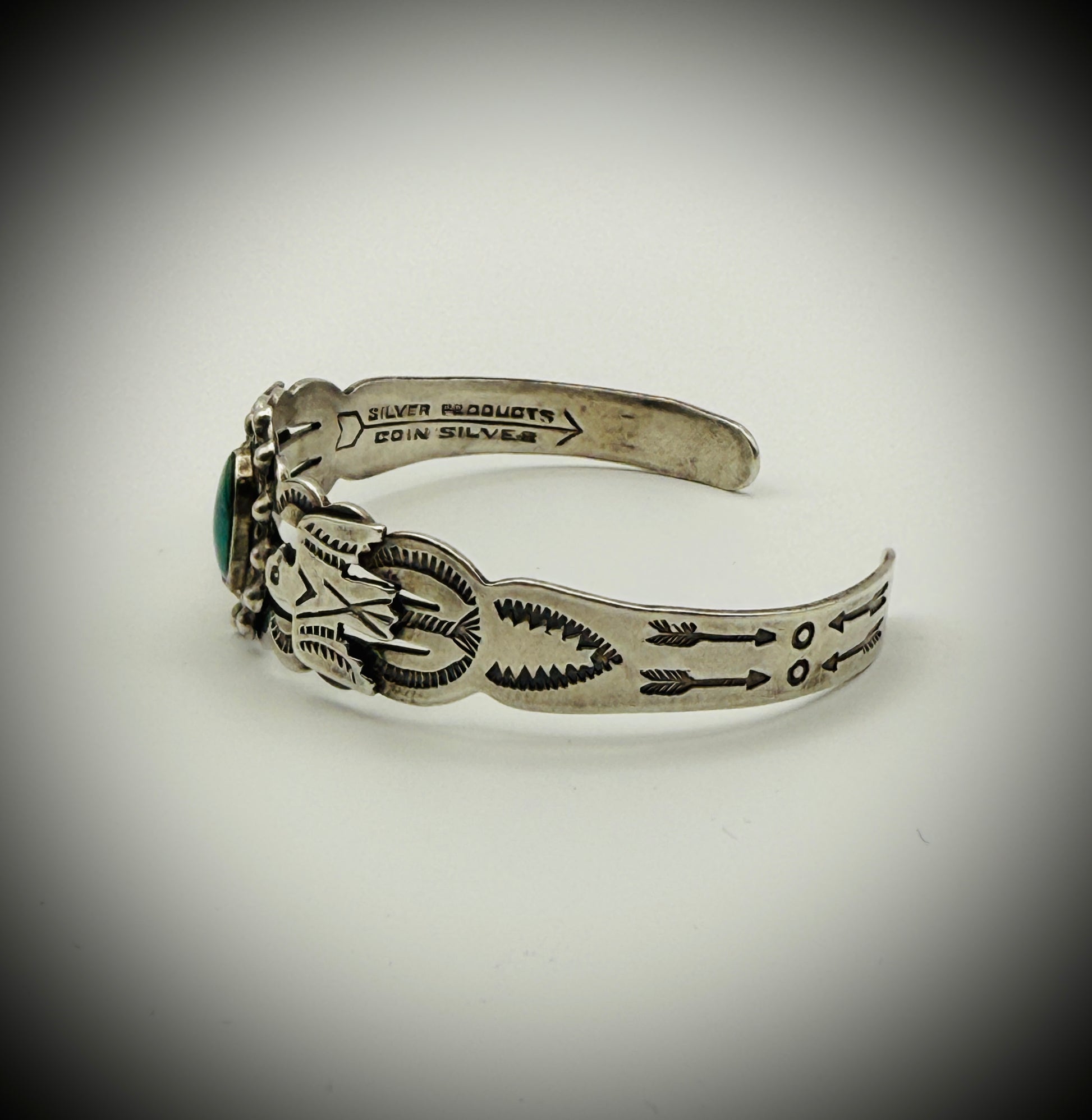 Vintage Fred Harvey Era Coin Silver Cuff Bracelet – Turquoise & Arrow Design