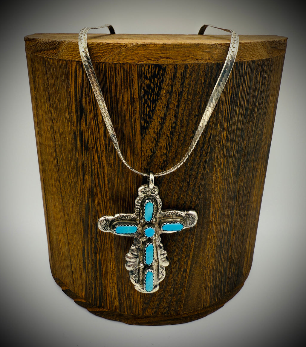 Vintage Zuni Sterling Silver Turquoise Cross Pendant Necklace (C. Iule)