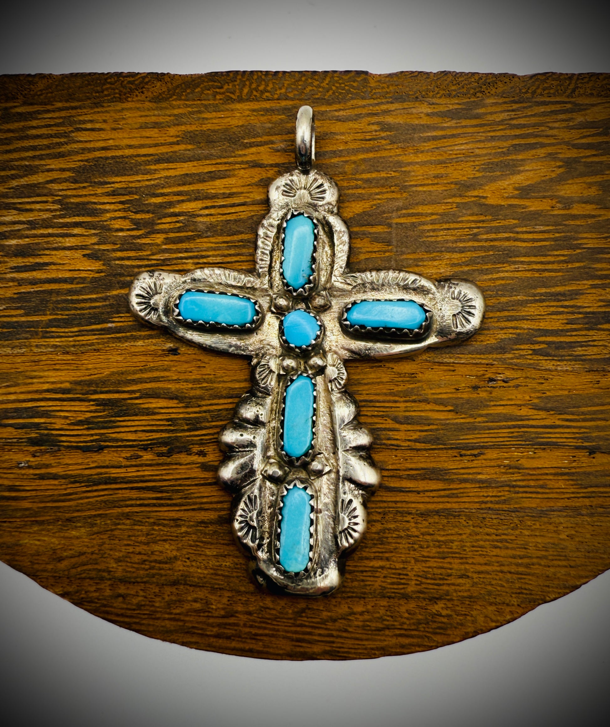 Vintage Zuni Sterling Silver Turquoise Cross Pendant Necklace (C. Iule)