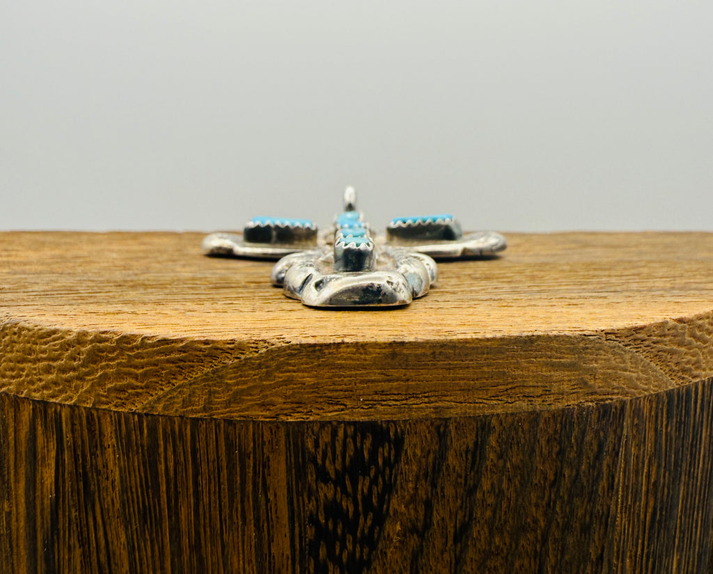 Vintage Zuni Sterling Silver Turquoise Cross Pendant Necklace (C. Iule)