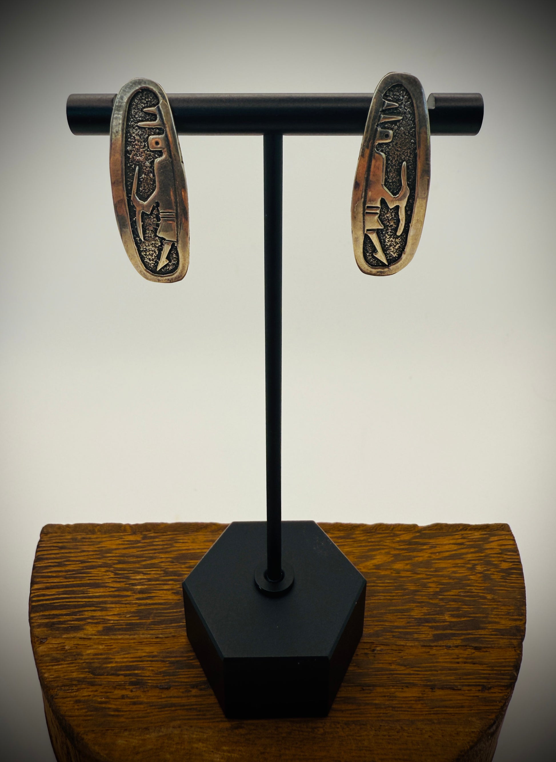 Vintage Hopi Overlay Sterling Silver Earrings – Deer & Symbol Design – 1.25"