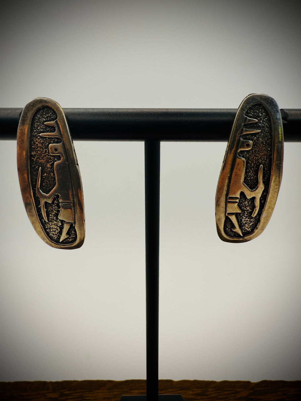 Vintage Hopi Overlay Sterling Silver Earrings – Deer & Symbol Design – 1.25"