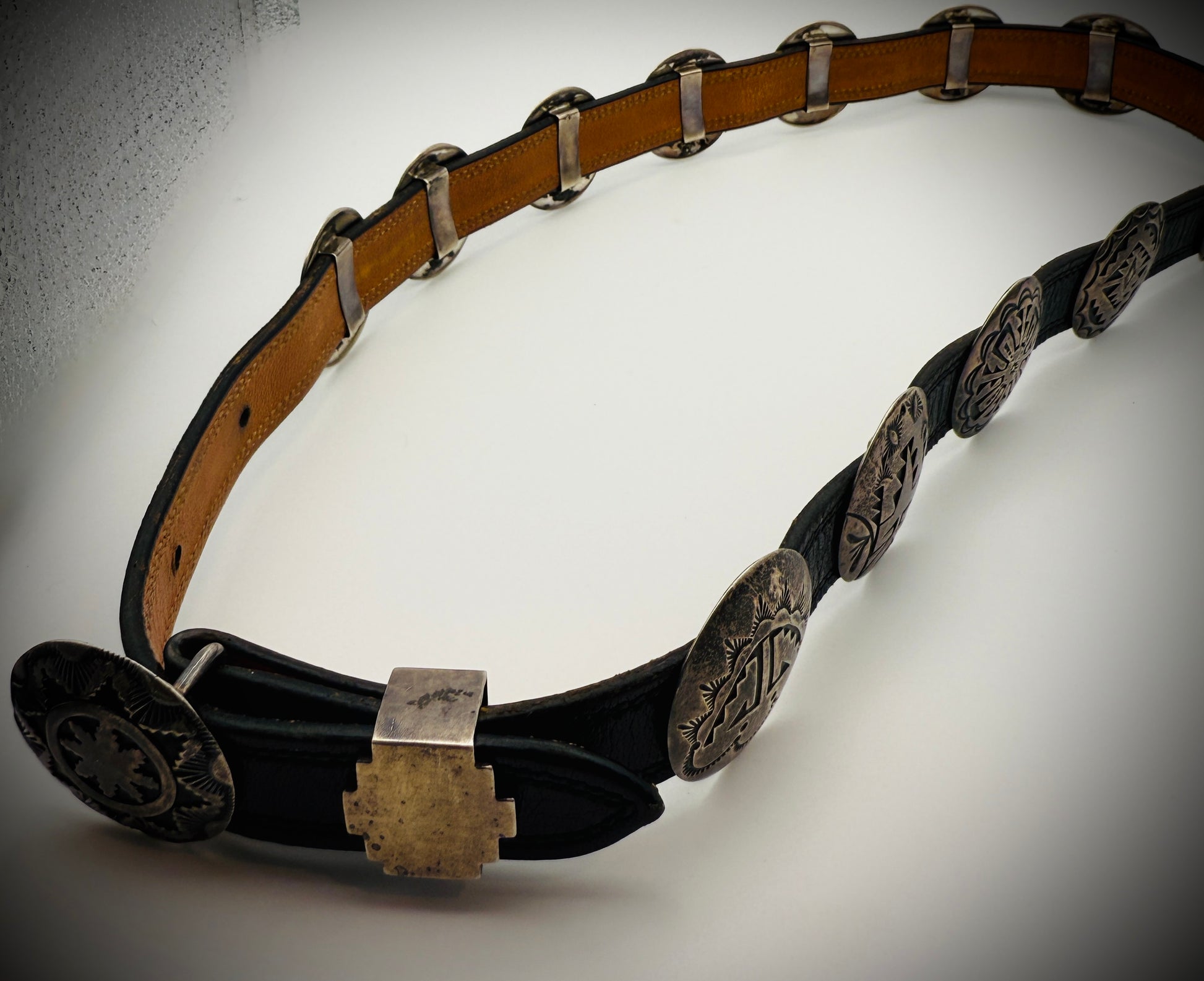 Vintage Navajo Sterling Silver Concho Belt — Signed JF — 14 Piece Set (30")