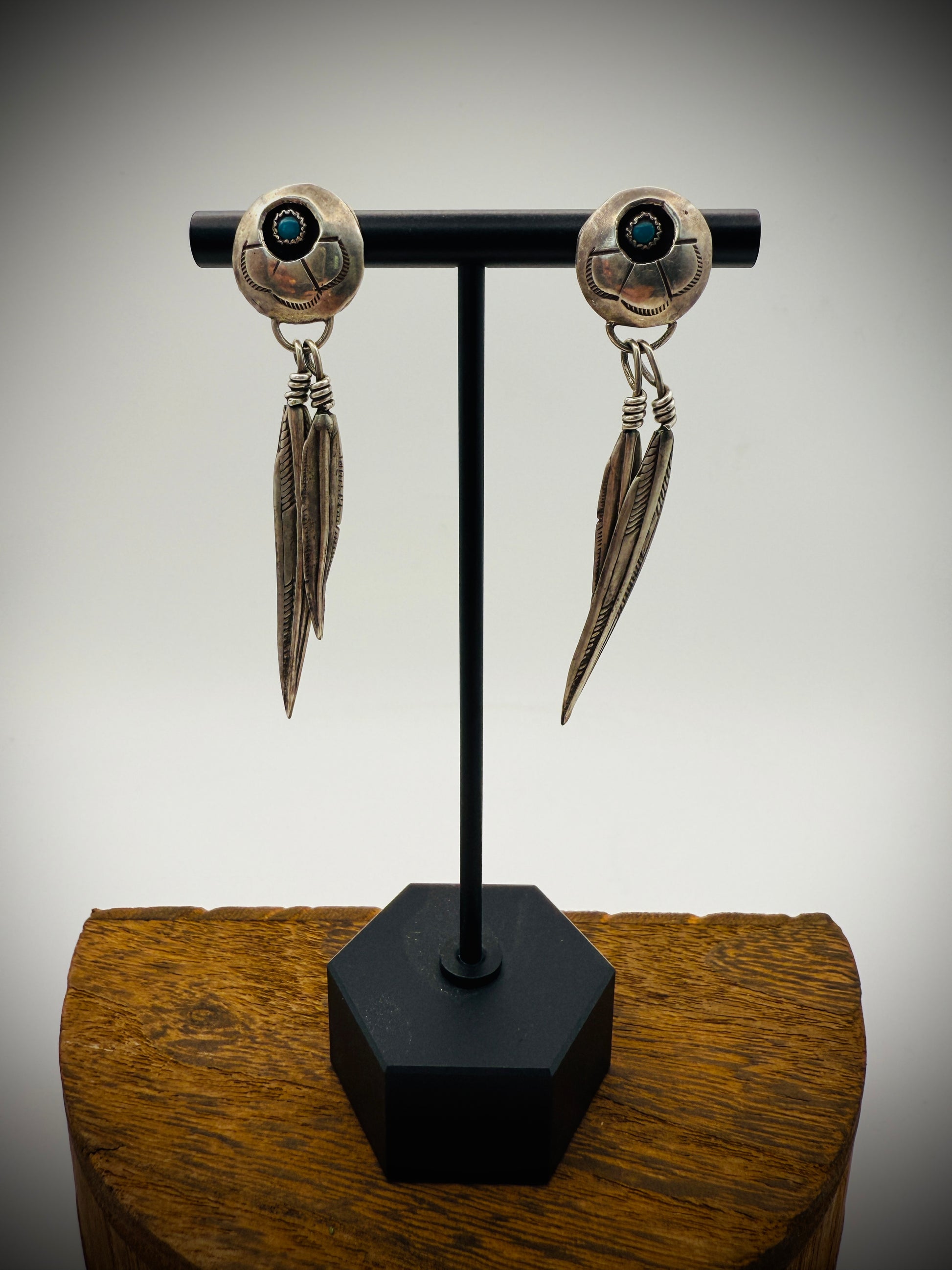 Sterling Silver Feather Dangle Earrings | Turquoise Accents | Navajo Style