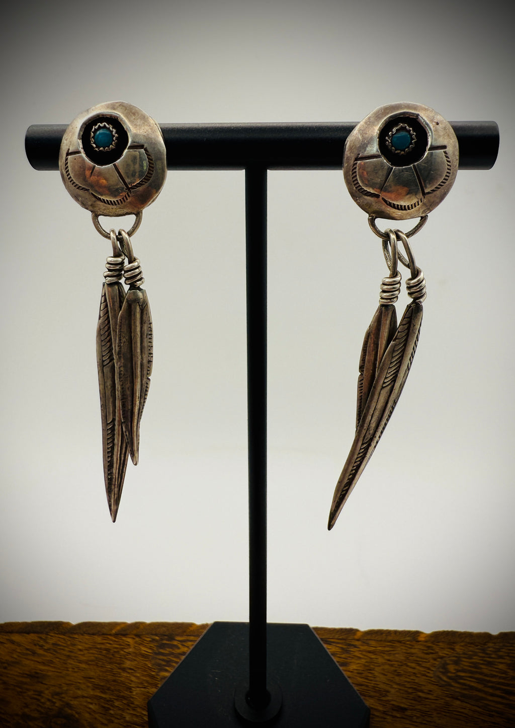 Sterling Silver Feather Dangle Earrings | Turquoise Accents | Navajo Style