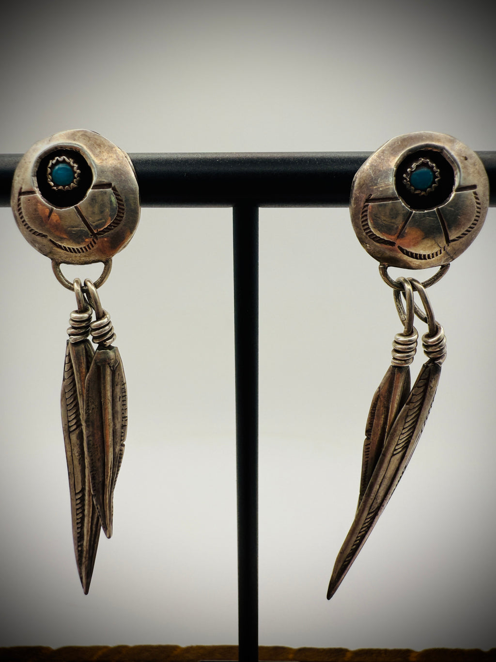 Sterling Silver Feather Dangle Earrings | Turquoise Accents | Navajo Style