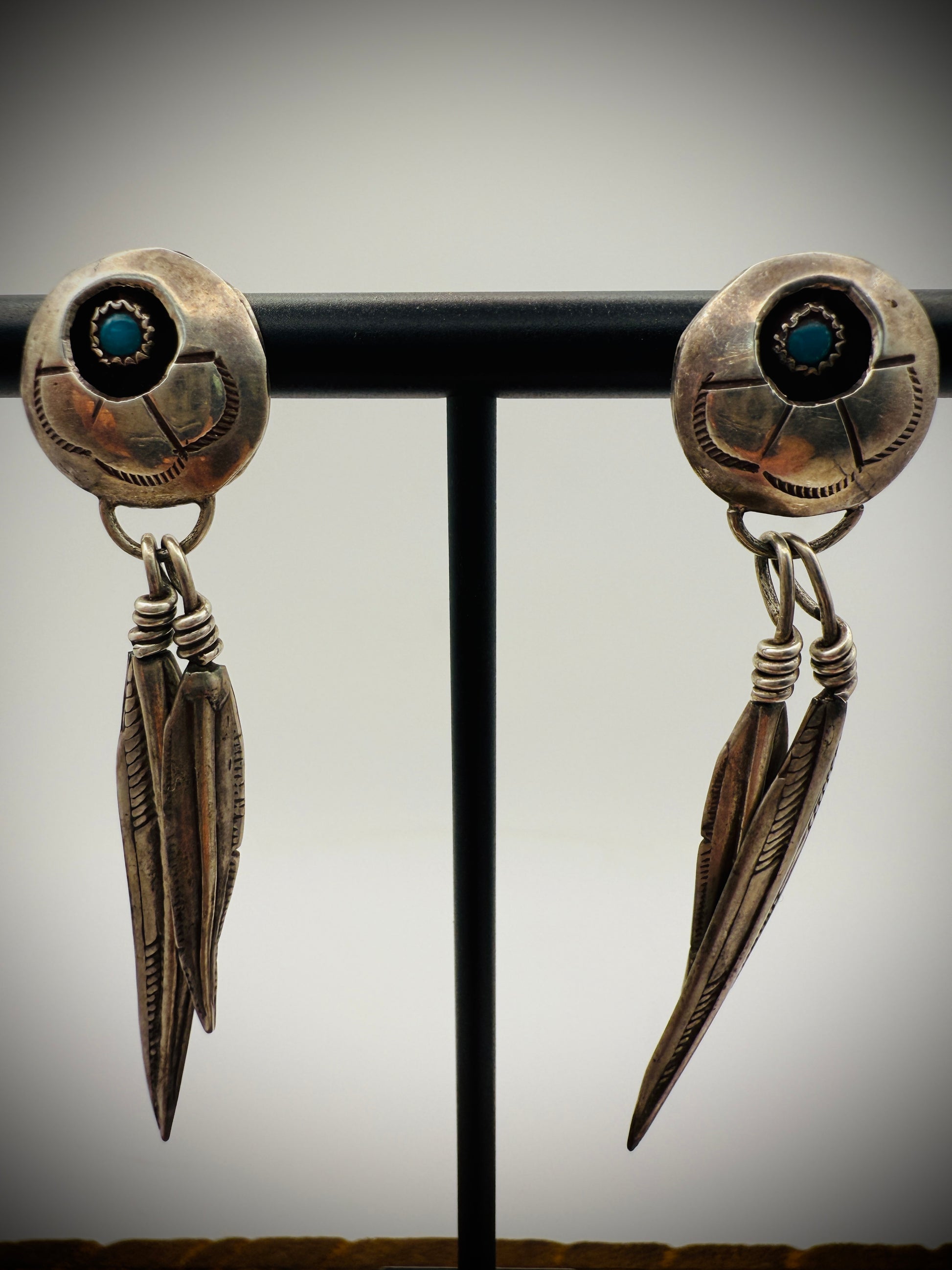 Sterling Silver Feather Dangle Earrings | Turquoise Accents | Navajo Style