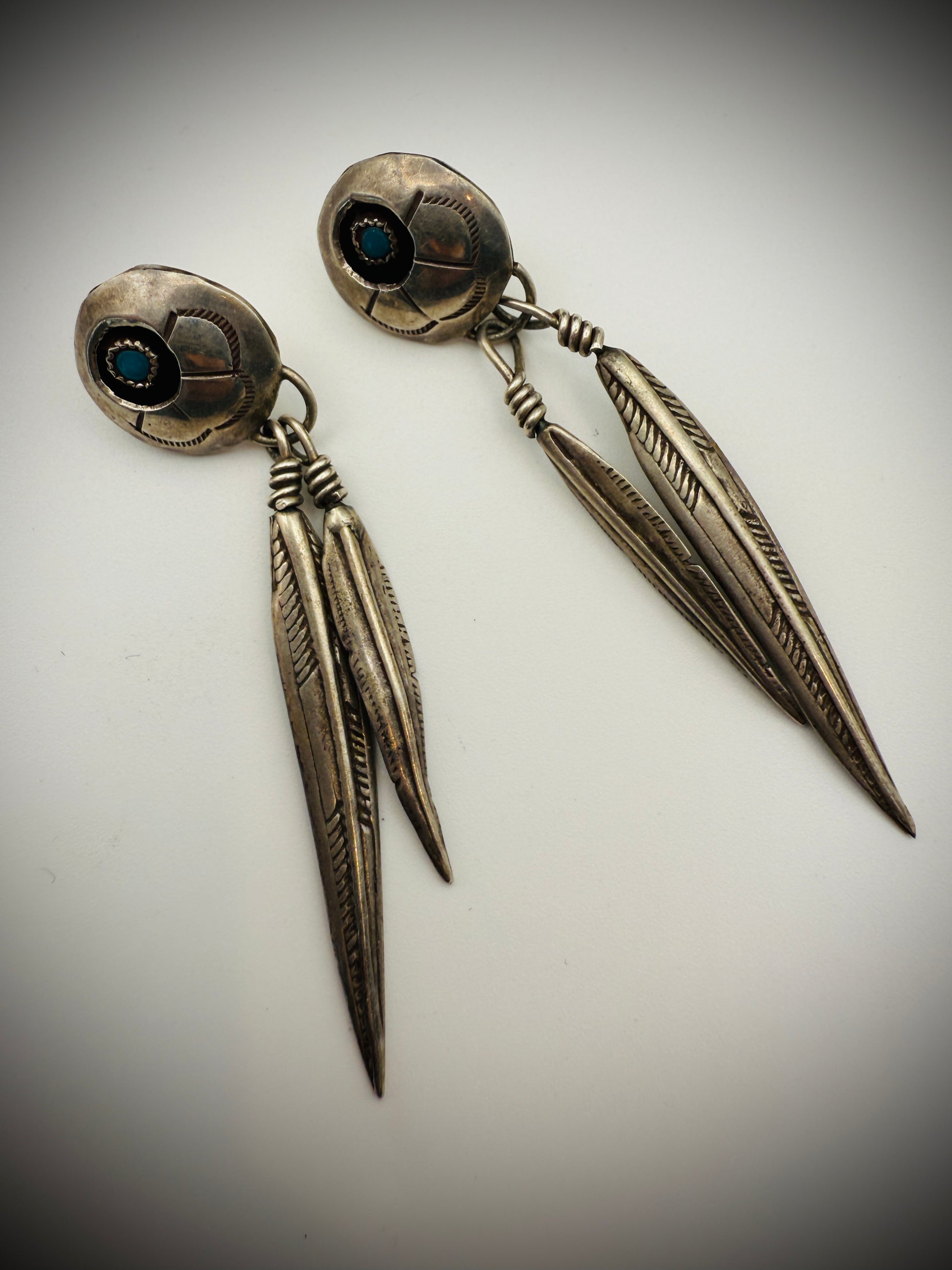 Sterling Silver Feather Dangle Earrings | Turquoise Accents | Navajo Style