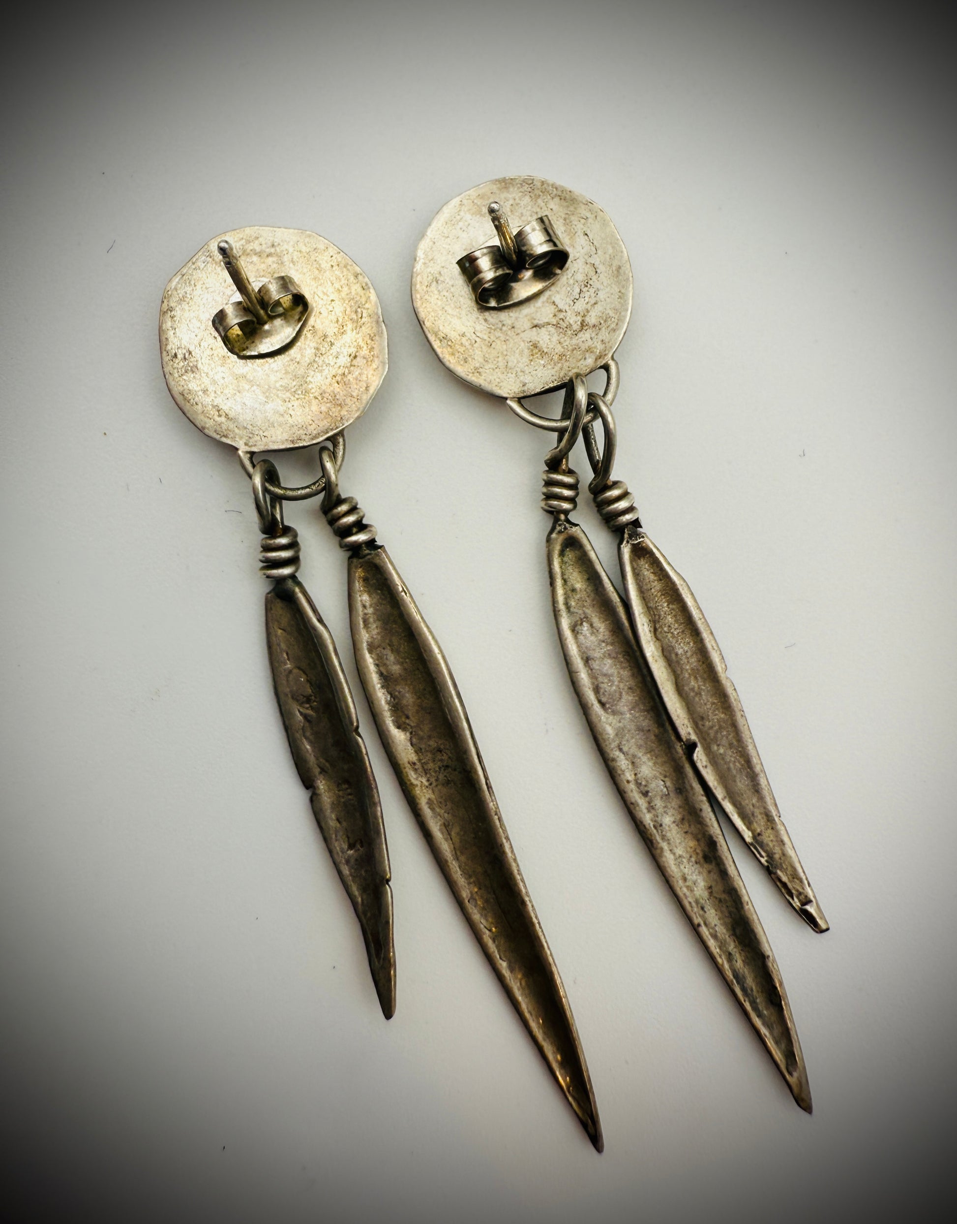 Sterling Silver Feather Dangle Earrings | Turquoise Accents | Navajo Style