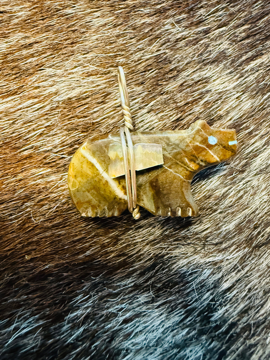 Zuni-Style Sunface Bear Pendant | Sterling Silver & Carved Stone Fetish