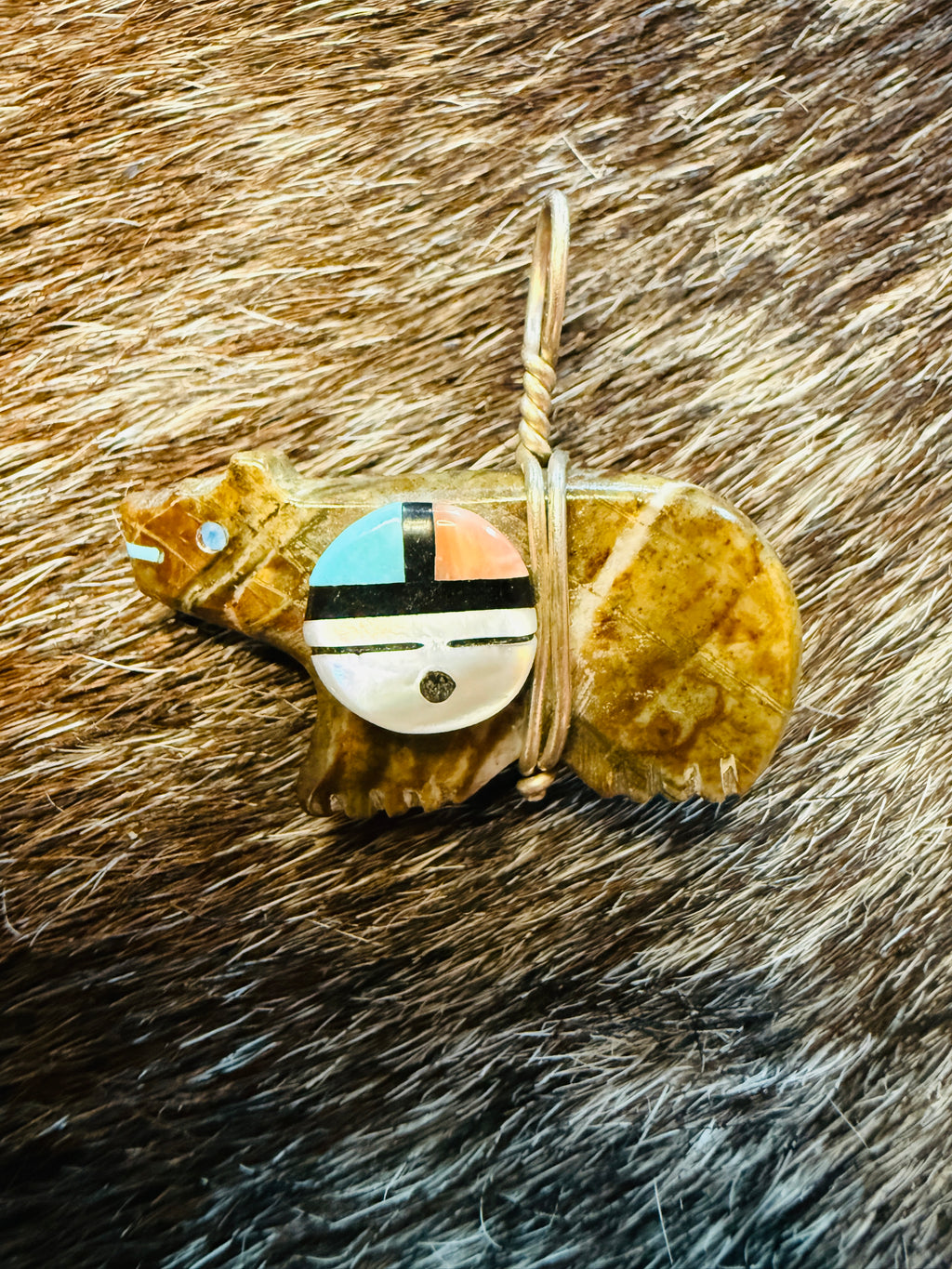 Zuni-Style Sunface Bear Pendant | Sterling Silver & Carved Stone Fetish
