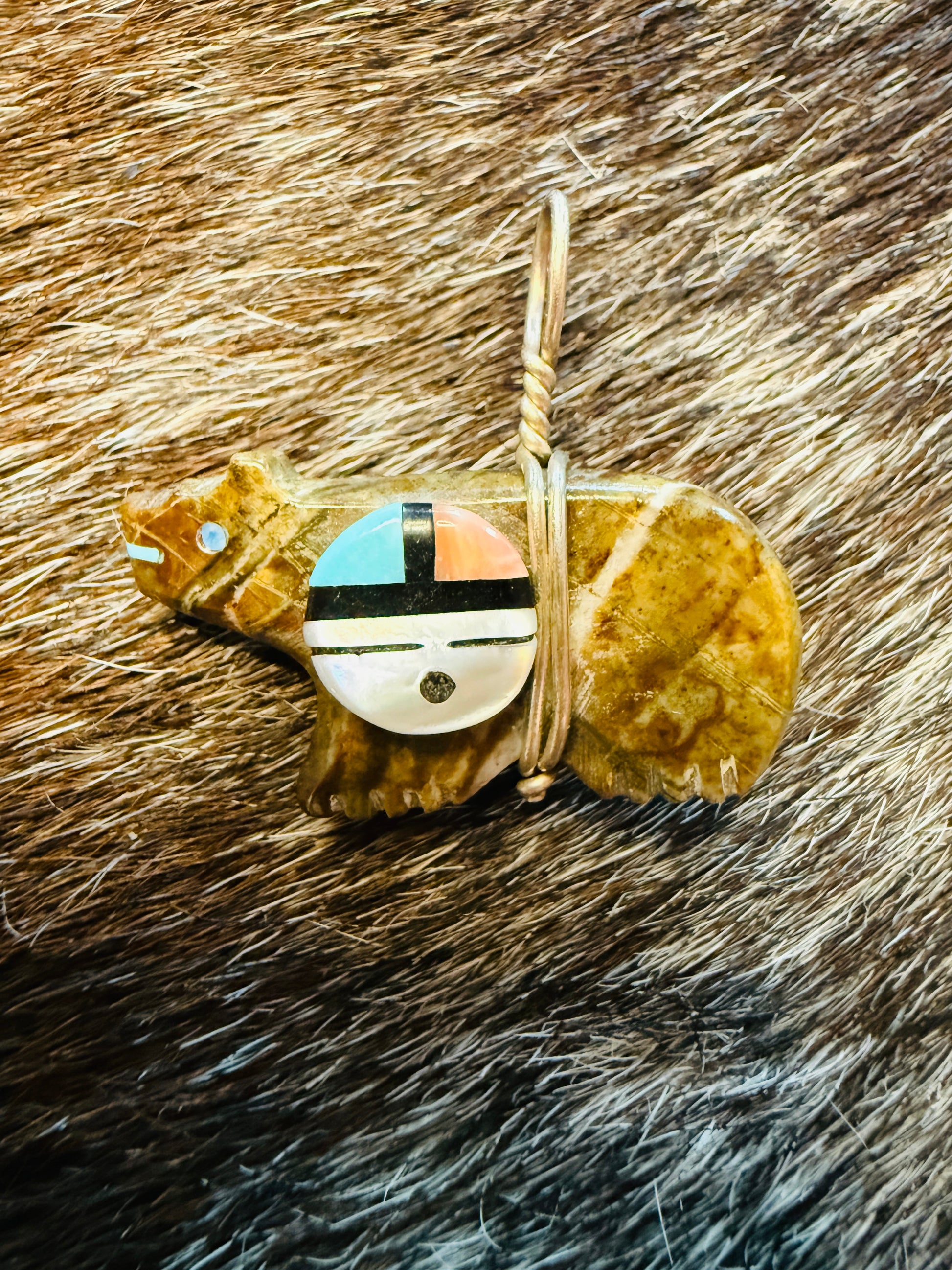 Zuni-Style Sunface Bear Pendant | Sterling Silver & Carved Stone Fetish