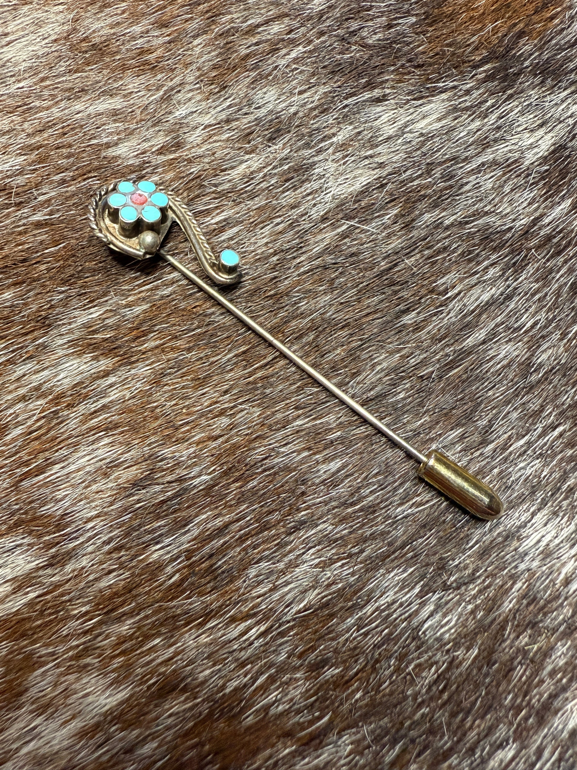 Vintage Sterling Silver Native Hat Pin – Turquoise & Coral Cluster Design