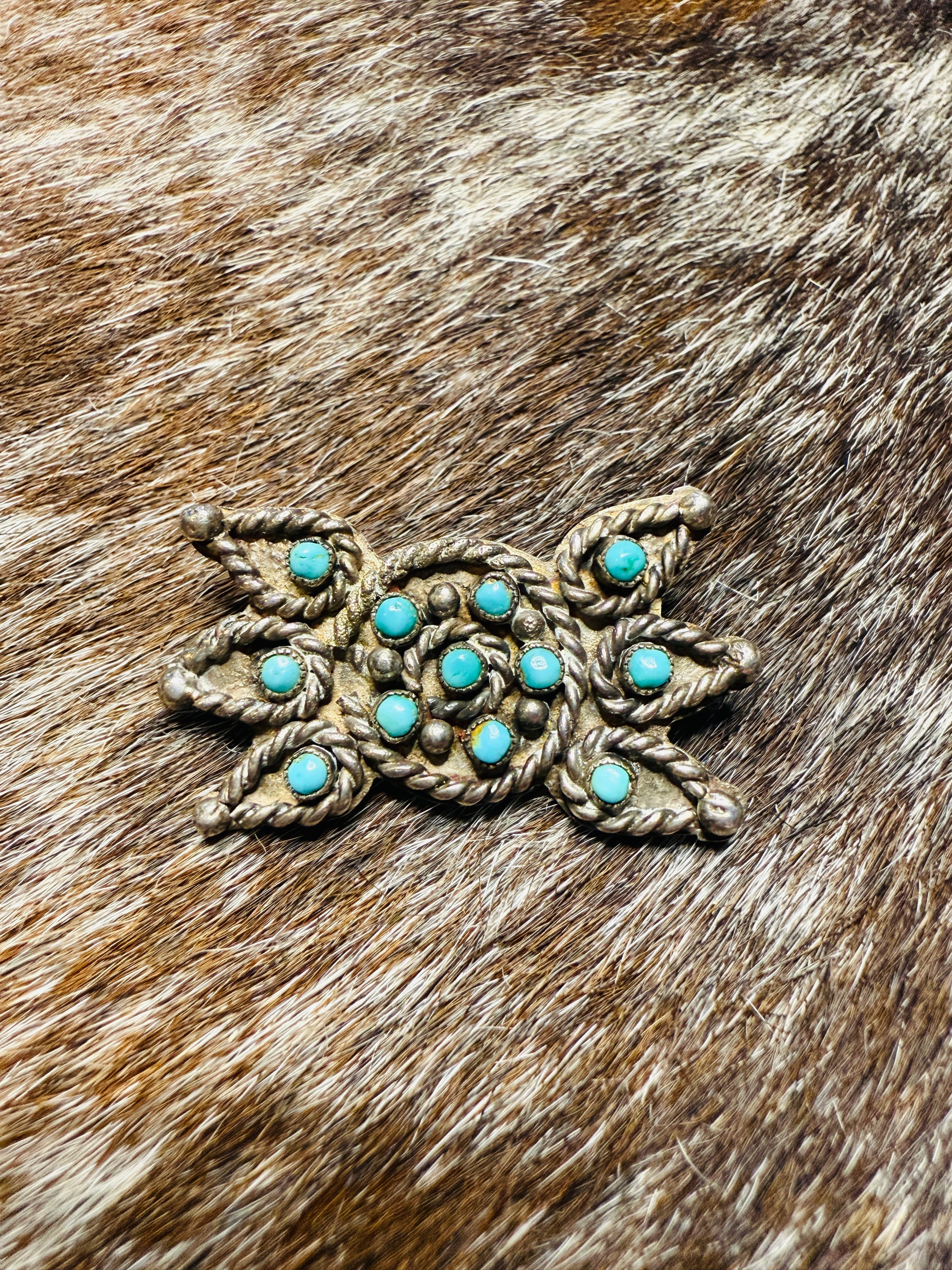 Vintage Zuni Sterling Silver Cluster Brooch with Turquoise