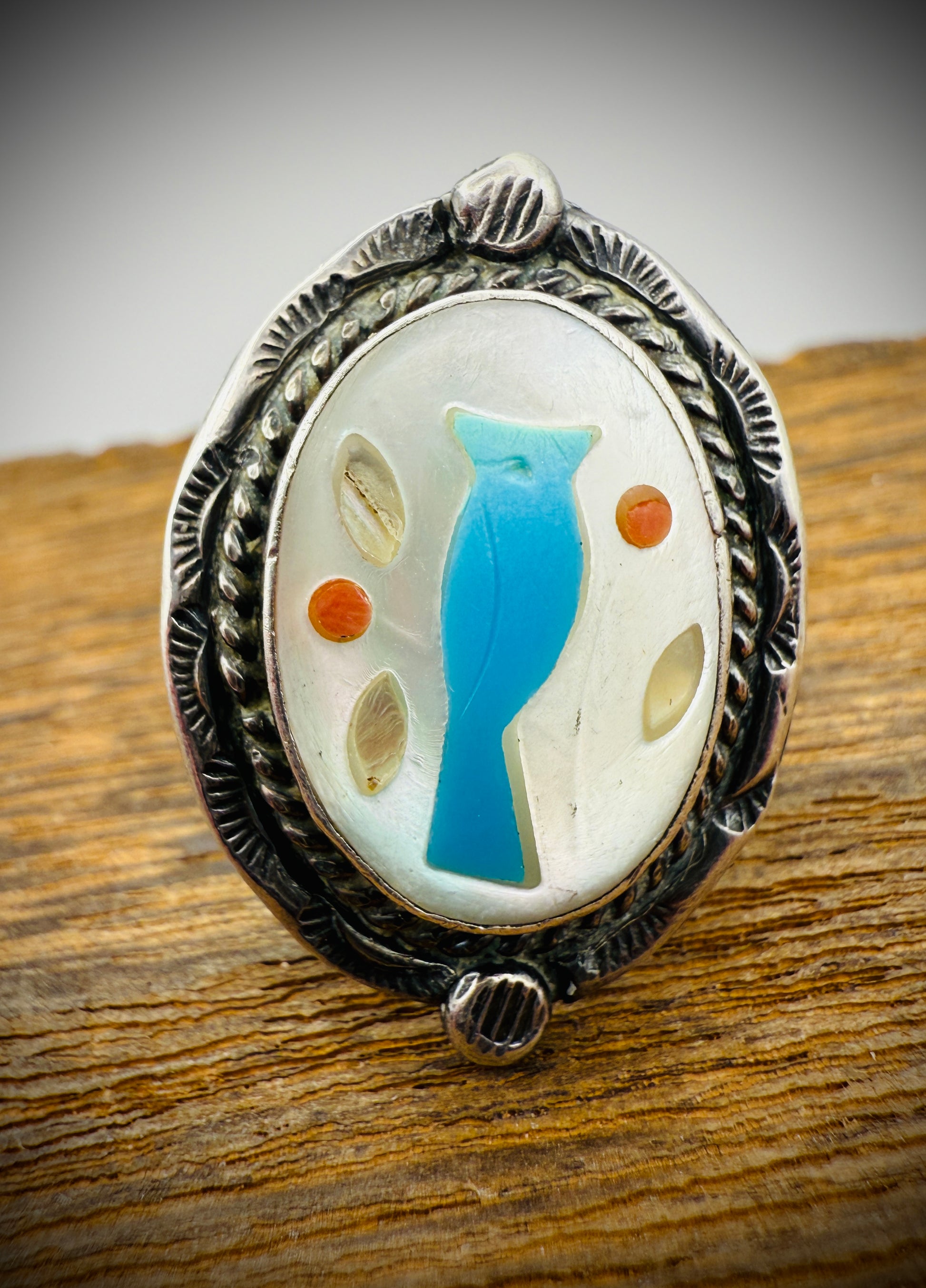 Vintage Zuni Sterling Silver Inlay Cuff & Ring Set – Bird Motif