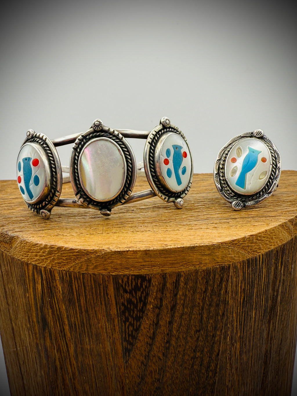 Vintage Zuni Sterling Silver Inlay Cuff & Ring Set – Bird Motif
