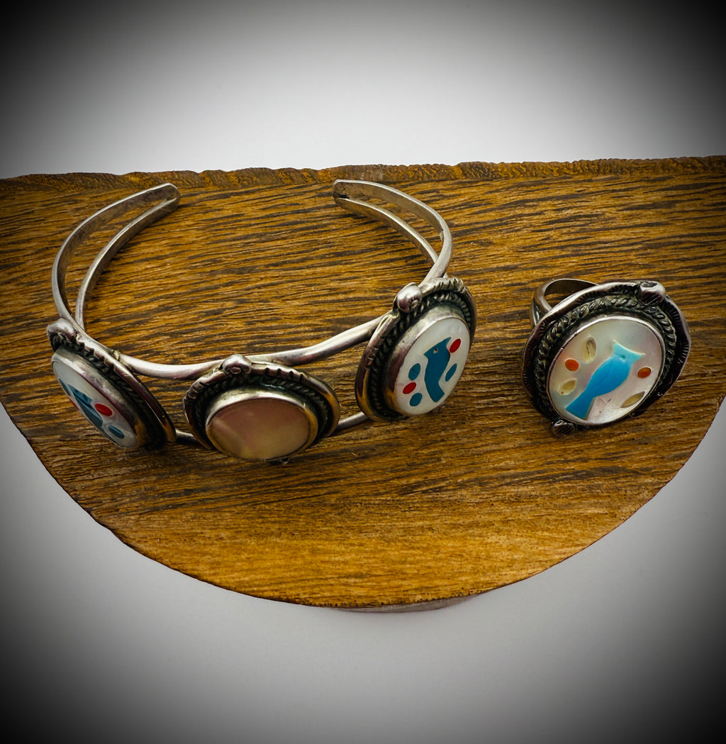 Vintage Zuni Sterling Silver Inlay Cuff & Ring Set – Bird Motif