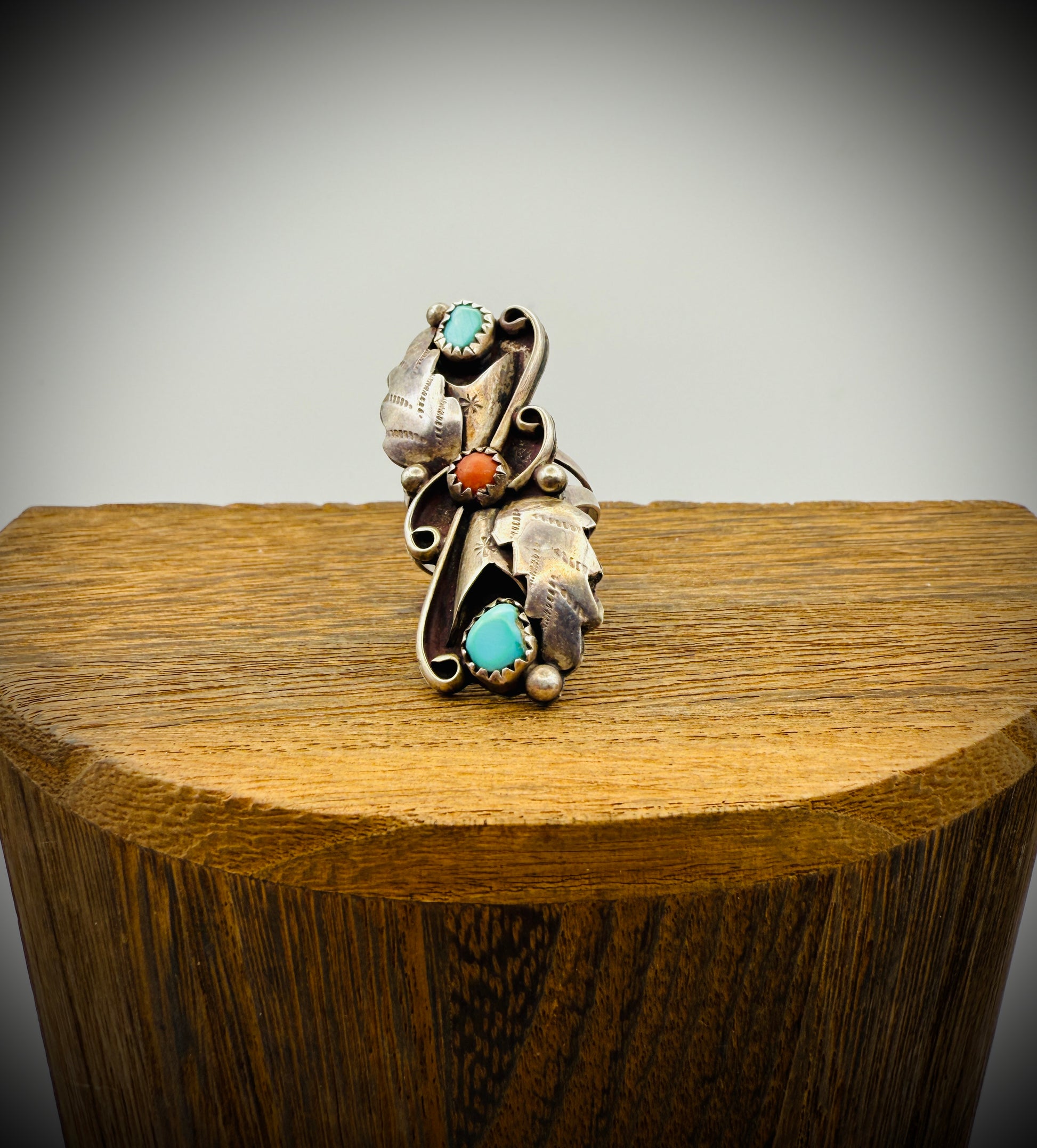 Vintage Sterling Silver Turquoise & Coral Necklace + Ring Set | Unmarked Native