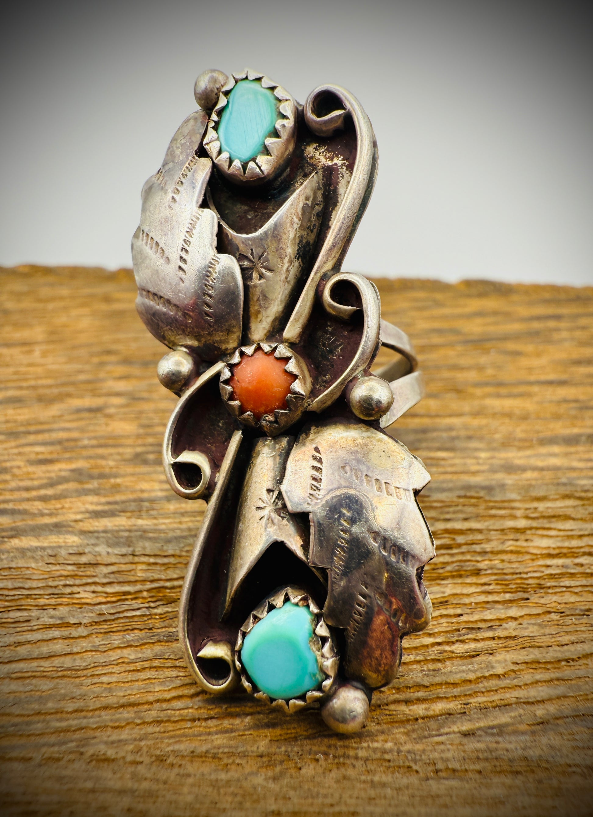 Vintage Sterling Silver Turquoise & Coral Necklace + Ring Set | Unmarked Native