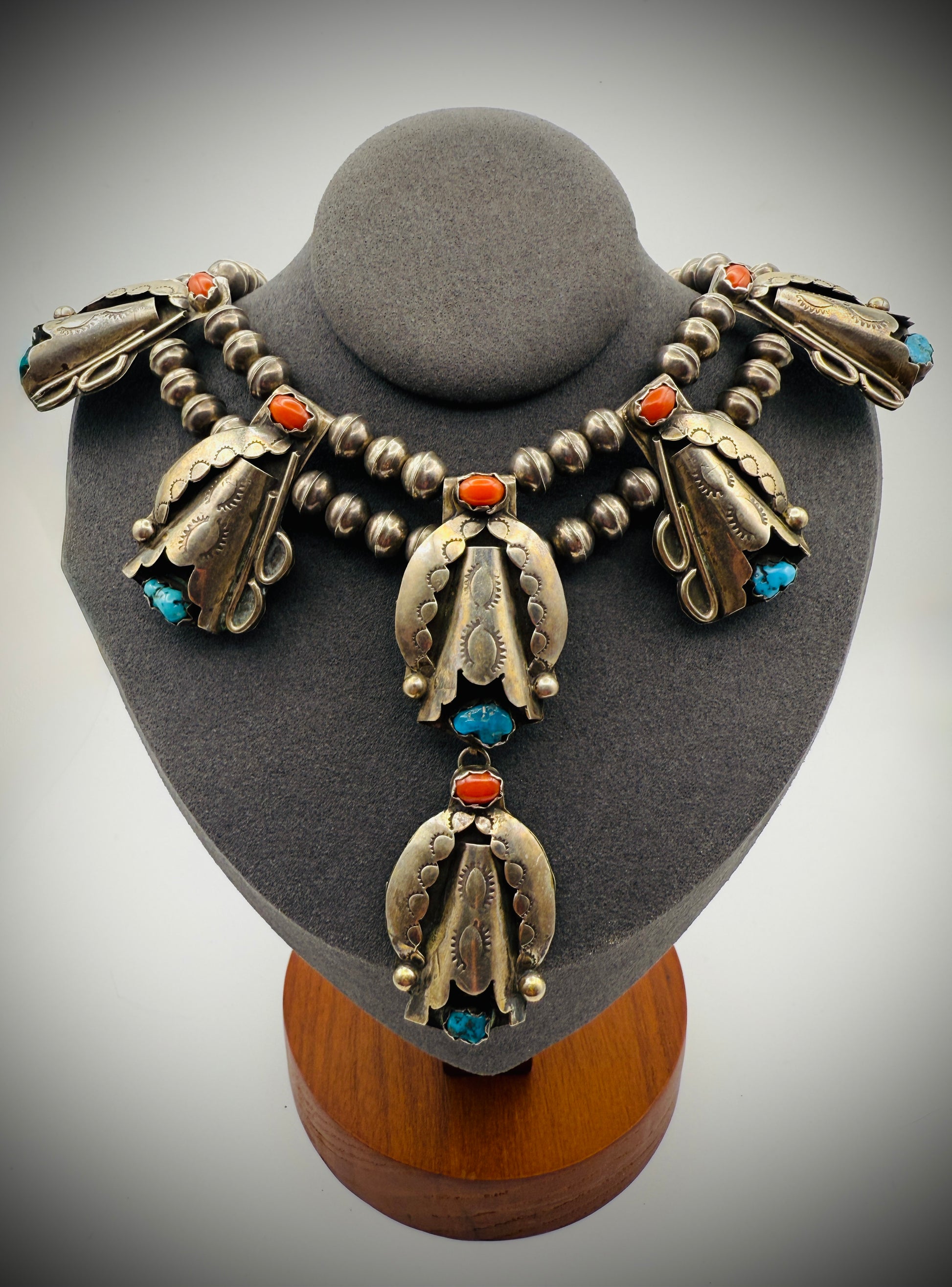 Vintage Sterling Silver Turquoise & Coral Necklace + Ring Set | Unmarked Native