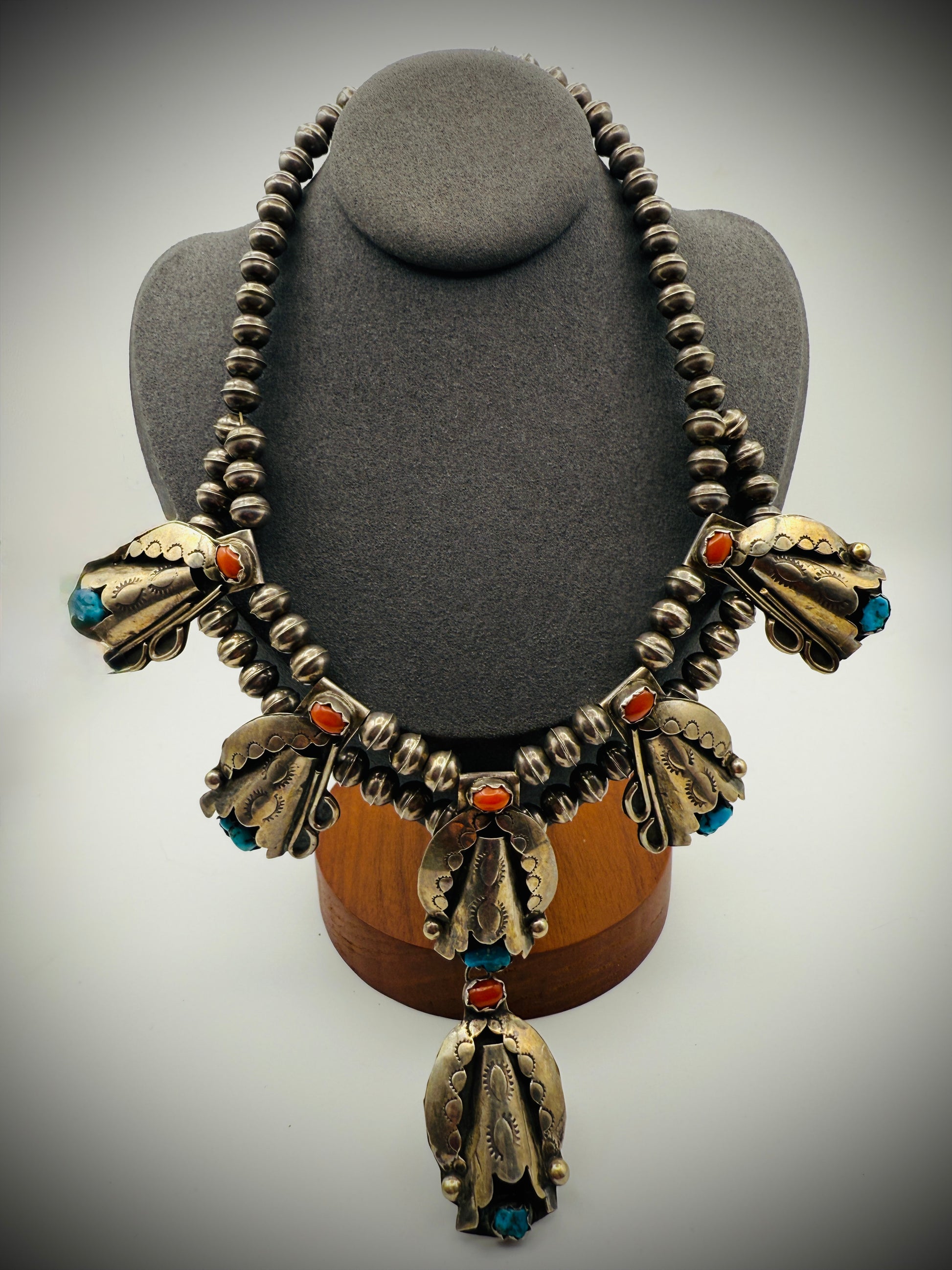 Vintage Sterling Silver Turquoise & Coral Necklace + Ring Set | Unmarked Native