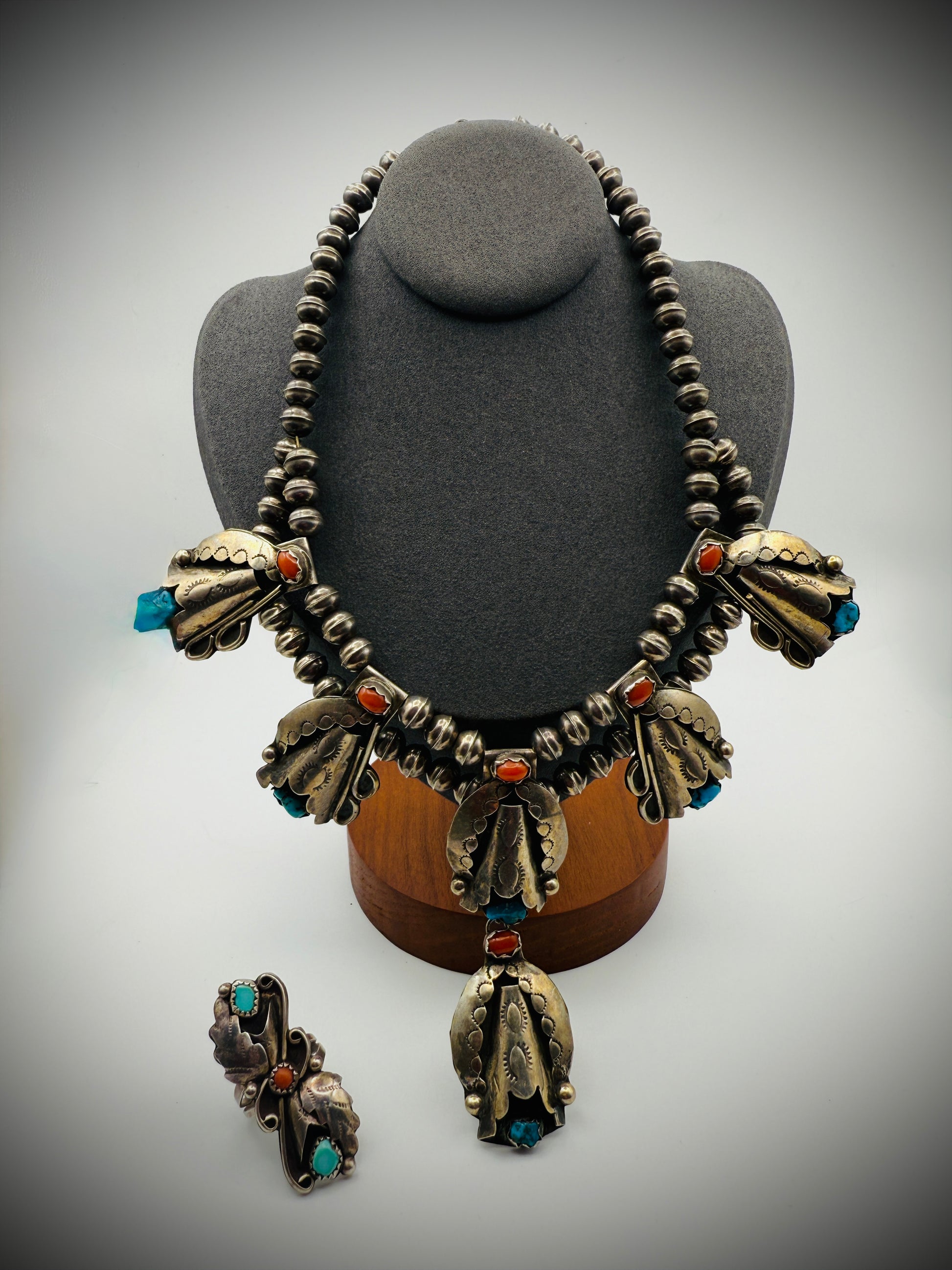 Vintage Sterling Silver Turquoise & Coral Necklace + Ring Set | Unmarked Native