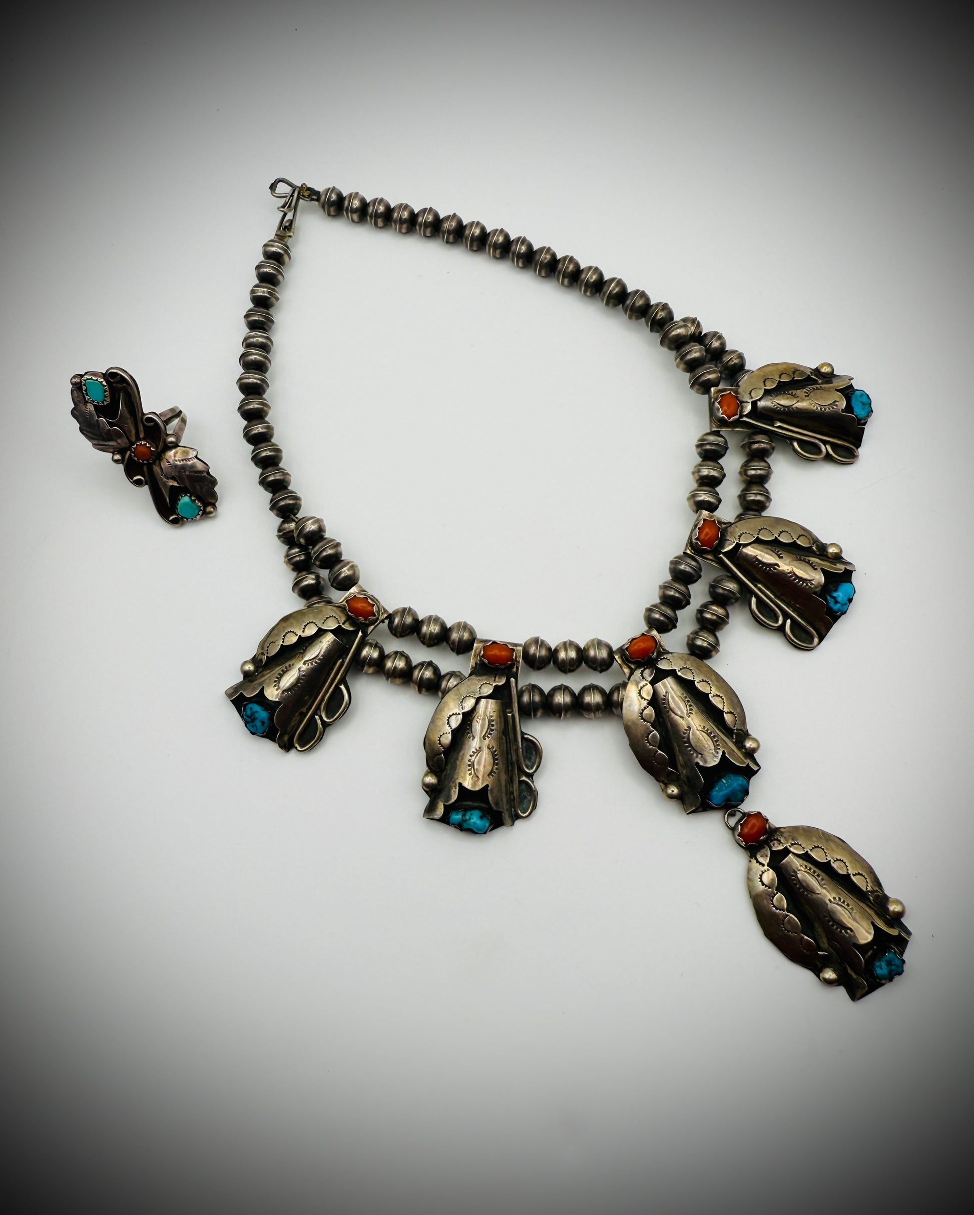 Vintage Sterling Silver Turquoise & Coral Necklace + Ring Set | Unmarked Native