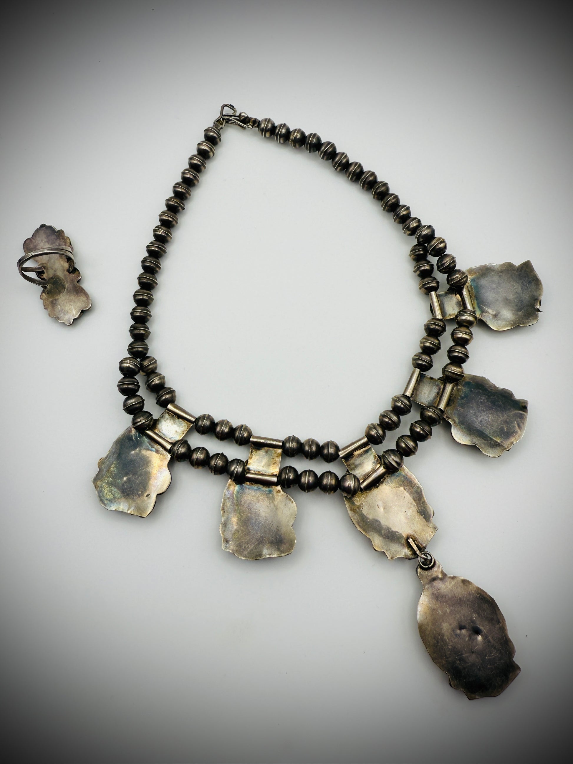 Vintage Sterling Silver Turquoise & Coral Necklace + Ring Set | Unmarked Native