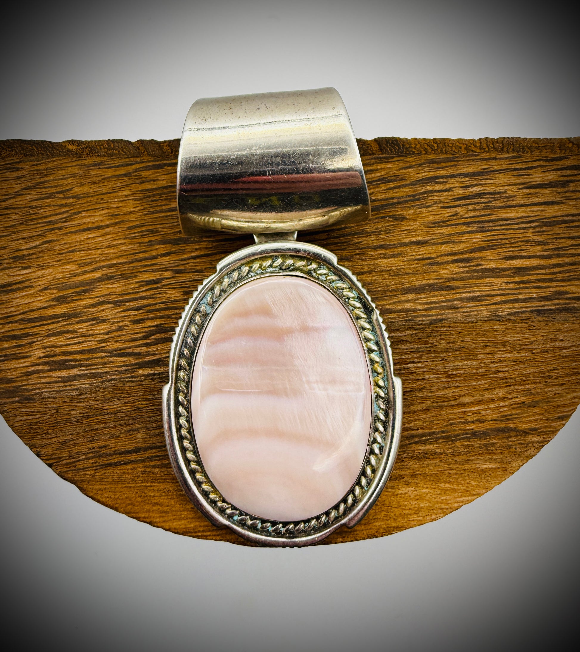 Navajo Sterling Silver Pendant by Phil Zachary – Pink Mother of Pearl, 2.5”