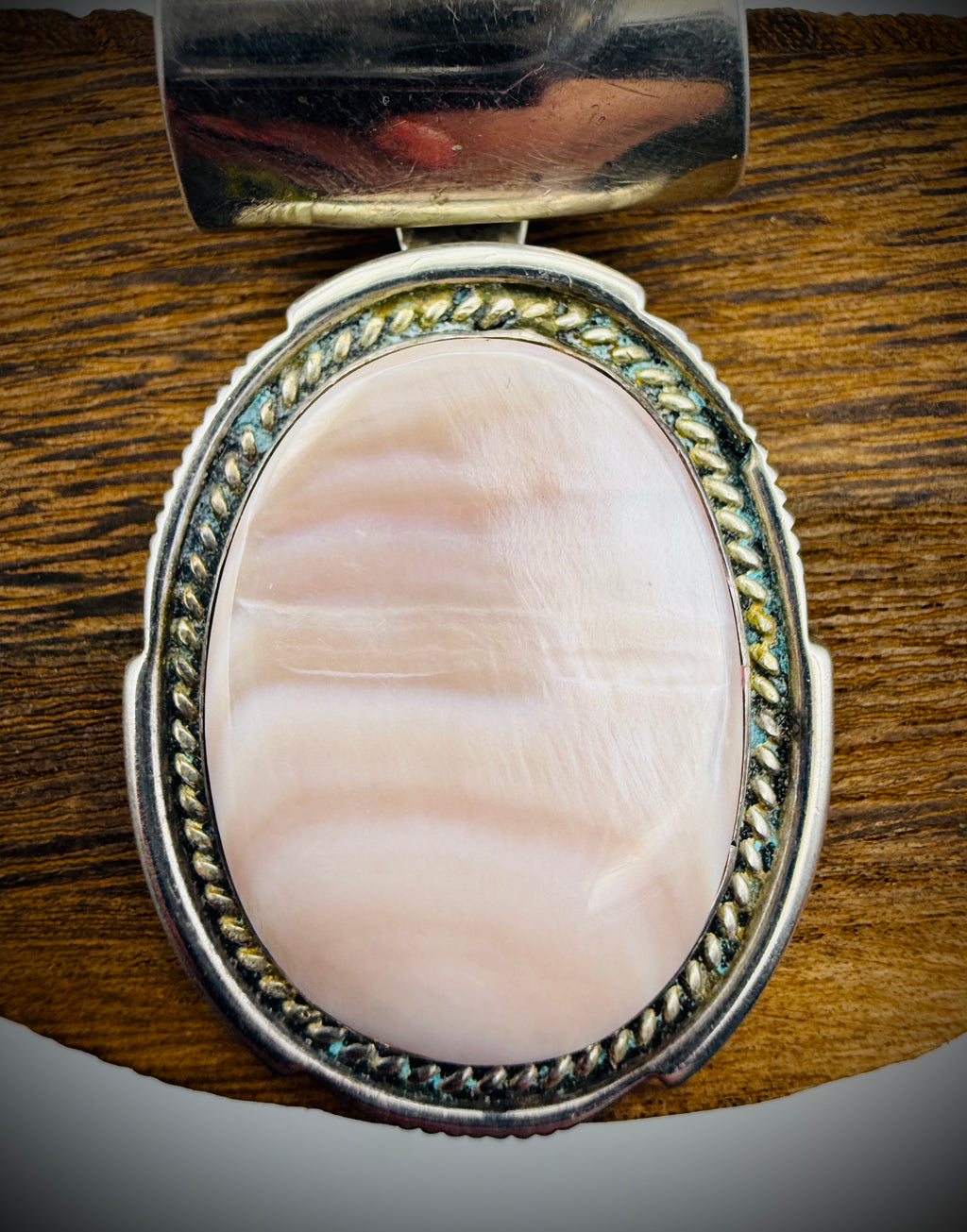 Navajo Sterling Silver Pendant by Phil Zachary – Pink Mother of Pearl, 2.5”