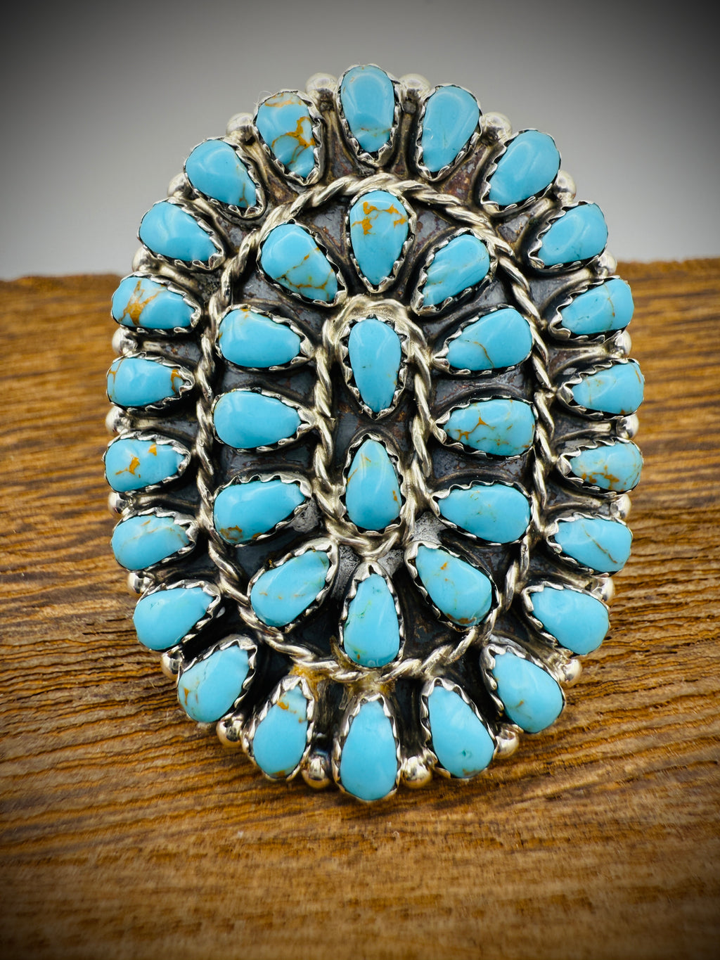 Navajo Sterling Silver Cluster Ring – Kingman Turquoise – Mathilda Benally