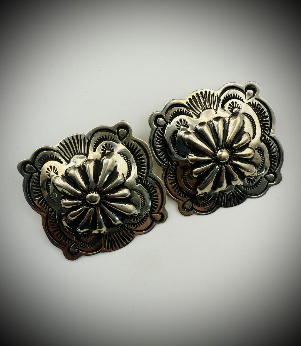 Vintage Navajo Sterling Silver Concho Earrings – Hand Stamped – Signed BLKGT