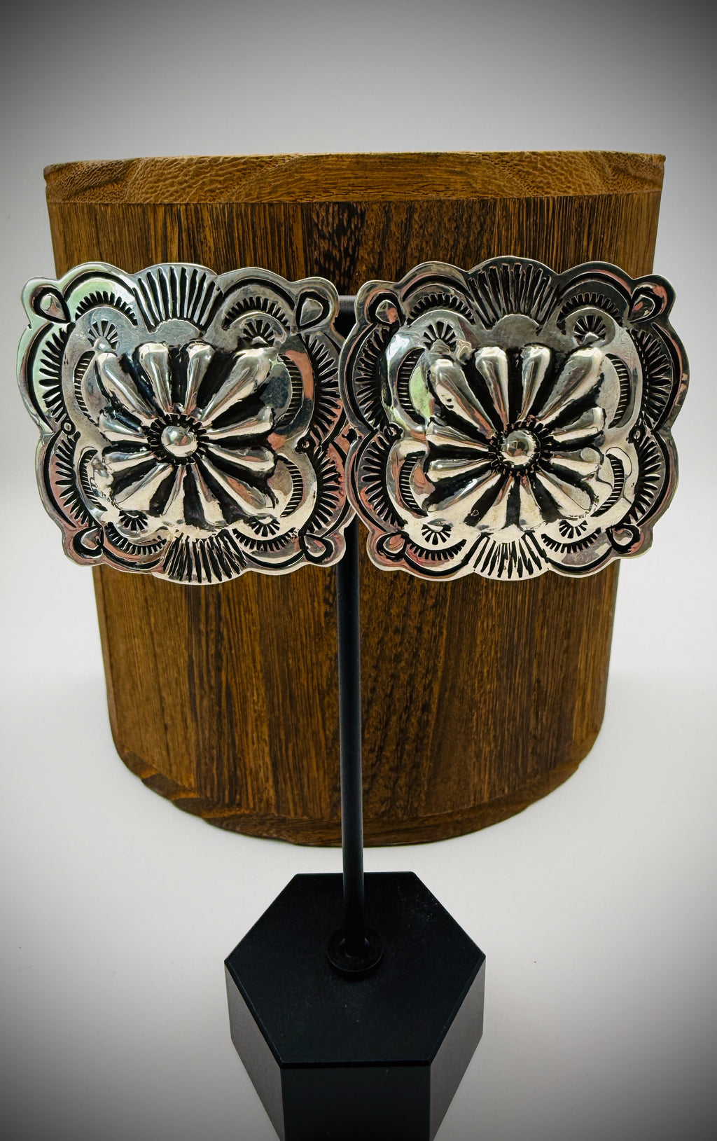 Vintage Navajo Sterling Silver Concho Earrings – Hand Stamped – Signed BLKGT