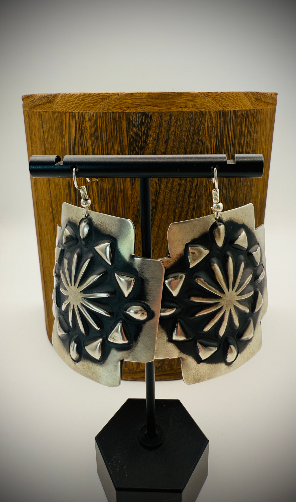 Navajo Sterling Silver Statement Earrings – Repoussé Cross – Signed L. Tahe