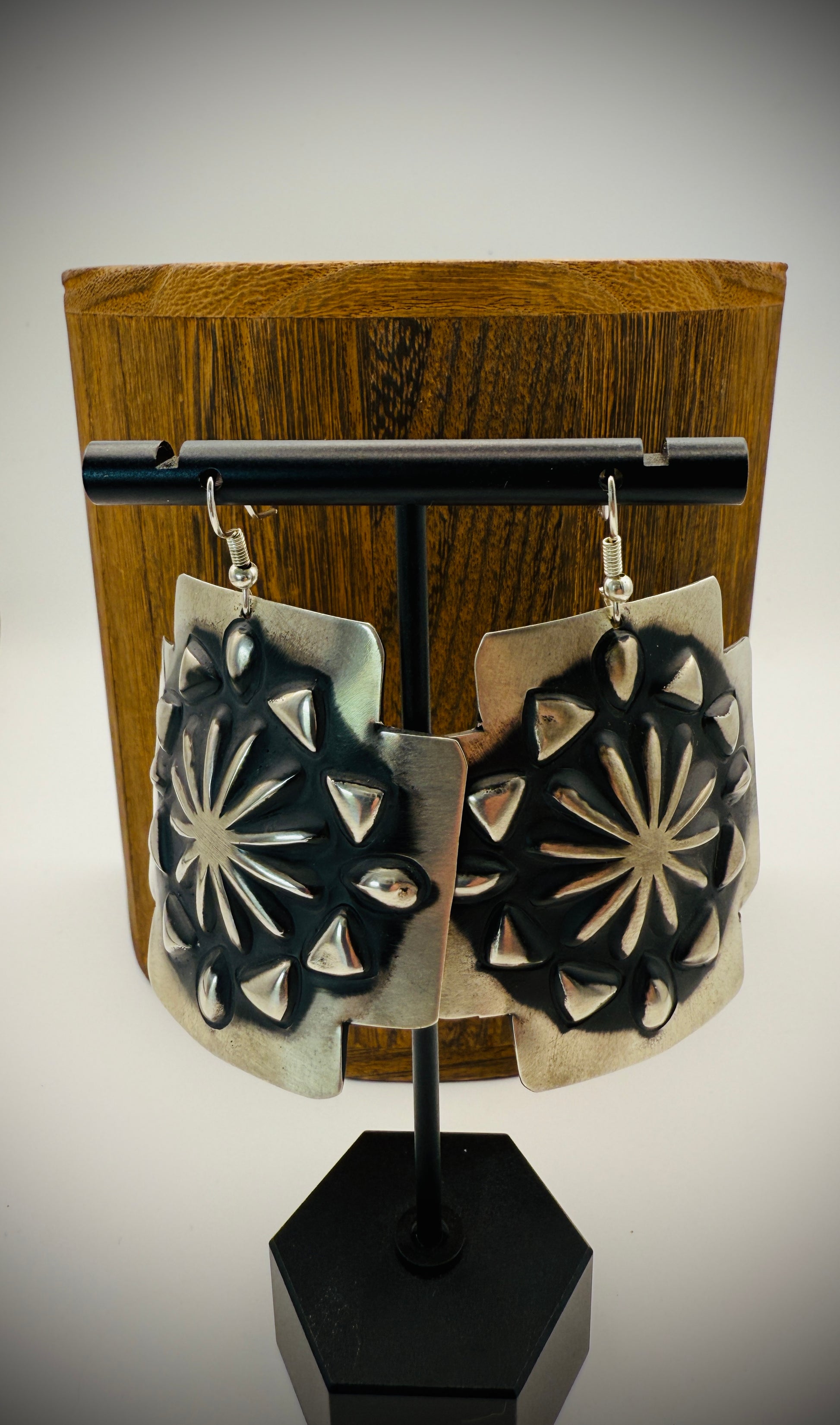 Navajo Sterling Silver Statement Earrings – Repoussé Cross – Signed L. Tahe