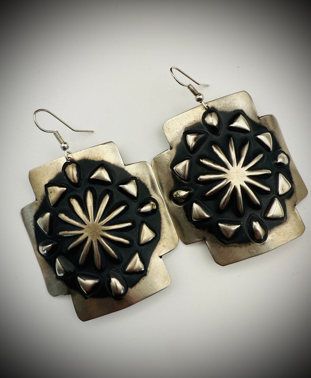 Navajo Sterling Silver Statement Earrings – Repoussé Cross – Signed L. Tahe