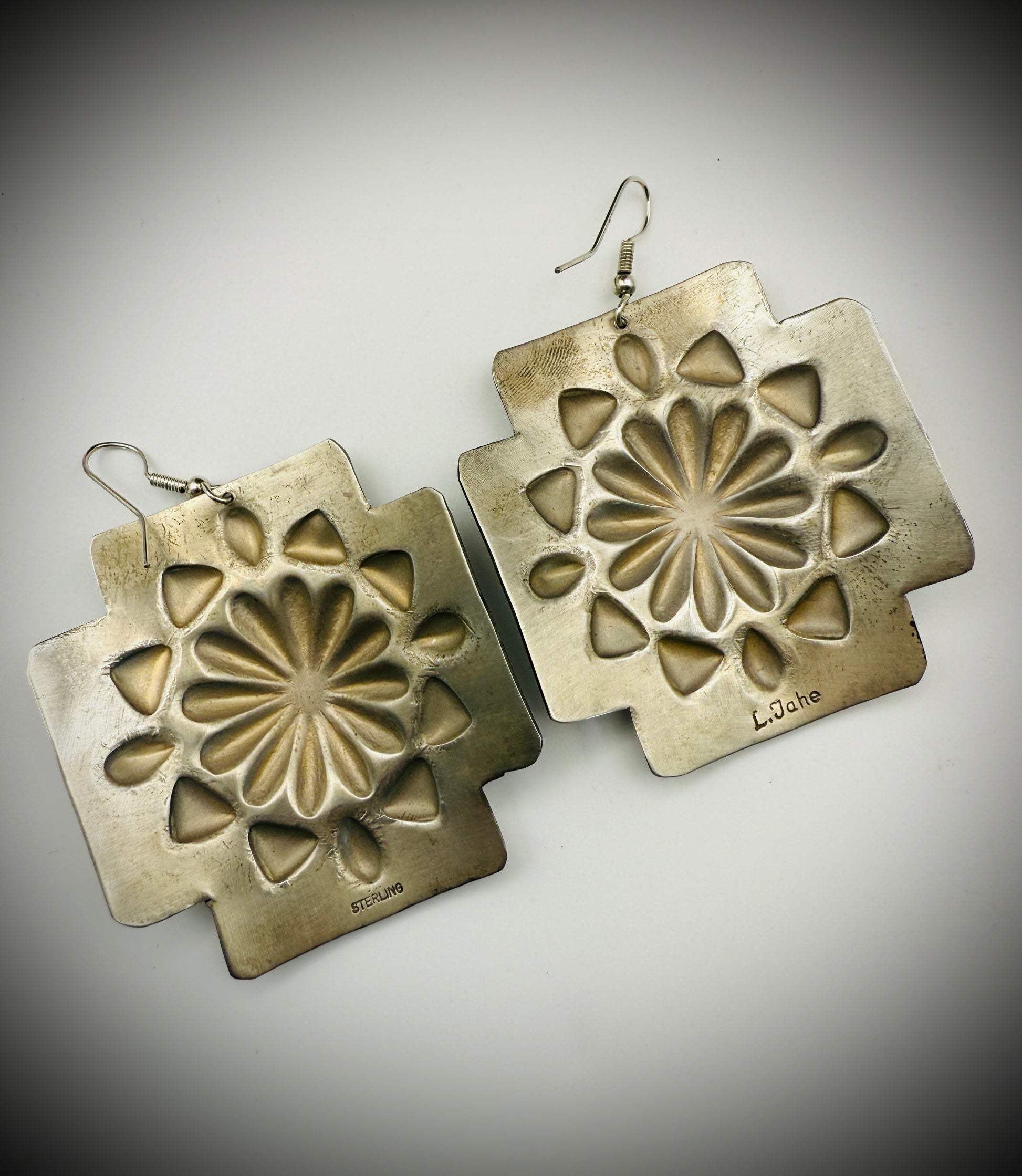 Navajo Sterling Silver Statement Earrings – Repoussé Cross – Signed L. Tahe