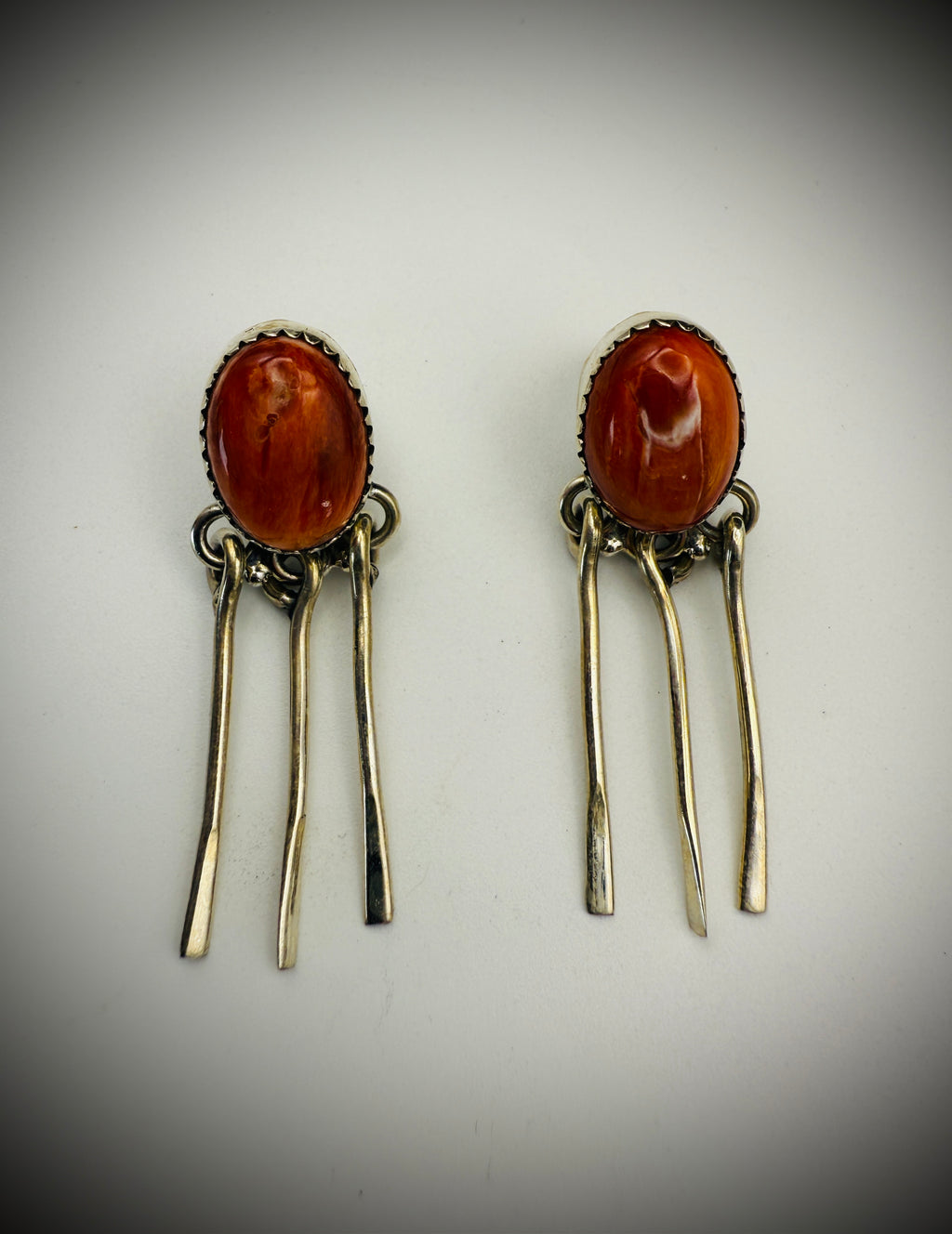 Sterling Silver Dangle Earrings – Orange Spiny Oyster – 1.75" Long