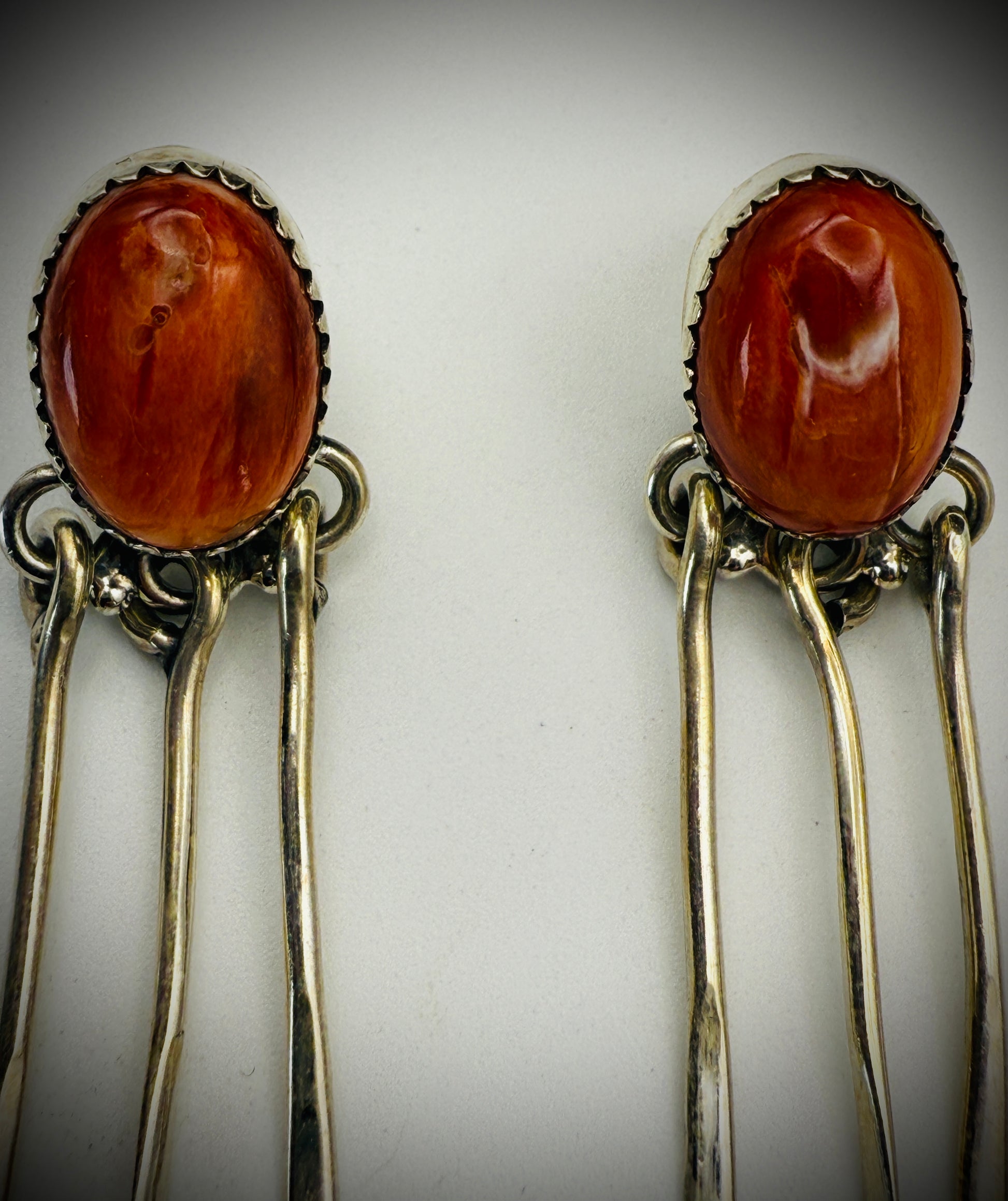 Sterling Silver Dangle Earrings – Orange Spiny Oyster – 1.75" Long