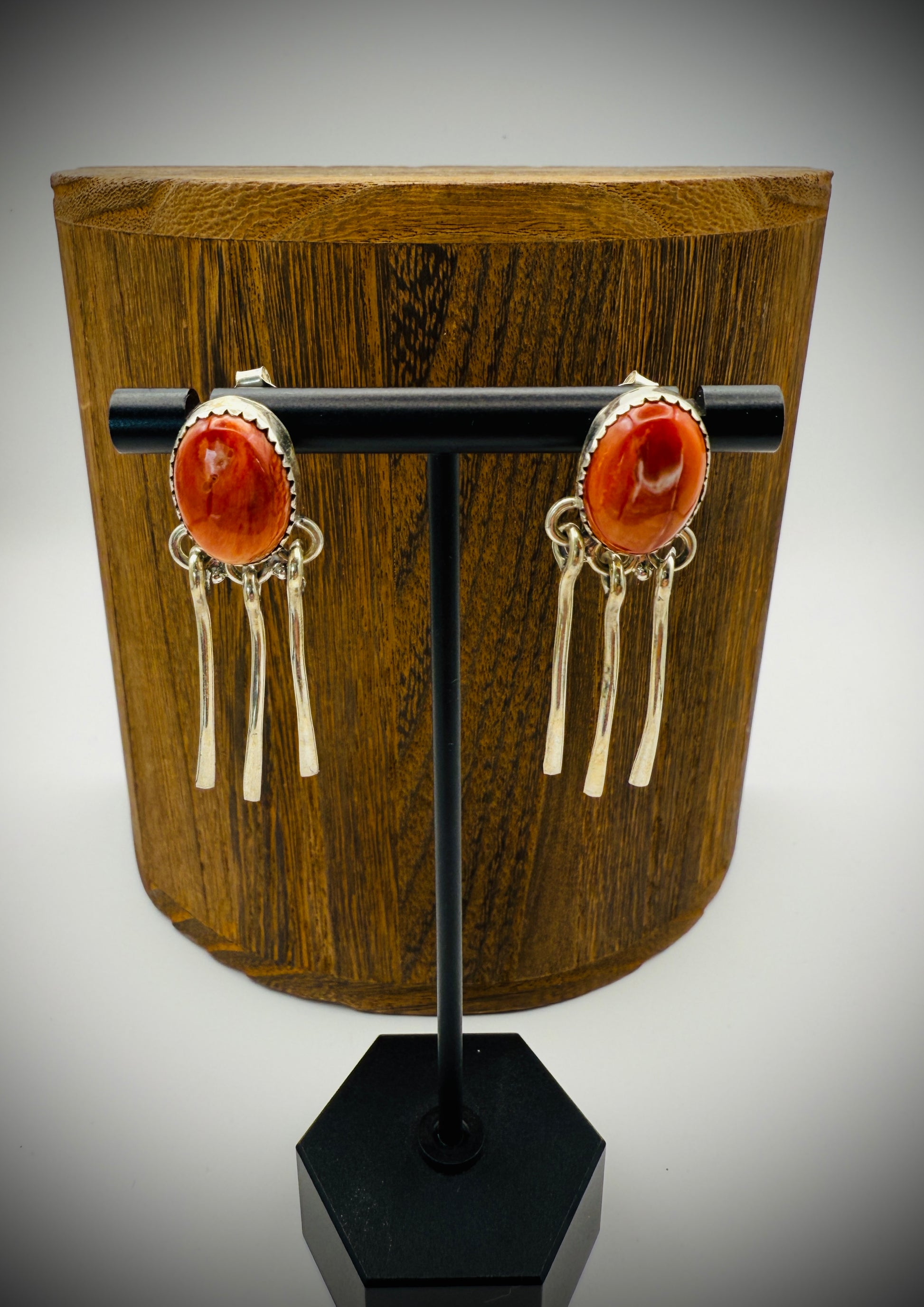 Sterling Silver Dangle Earrings – Orange Spiny Oyster – 1.75" Long