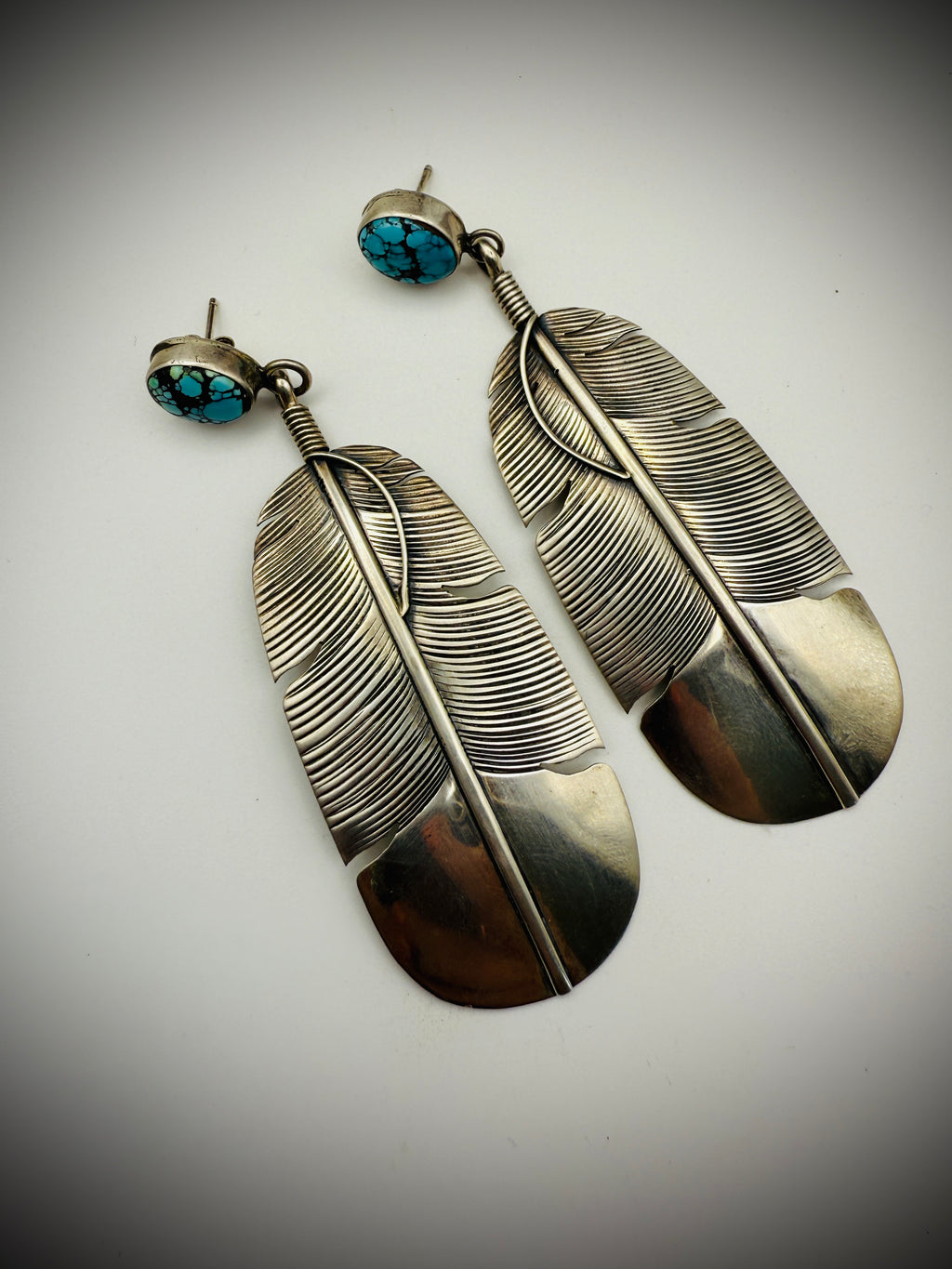 Vintage Sterling Silver Spiderweb Turquoise Feather Earrings  – Signed "HY"