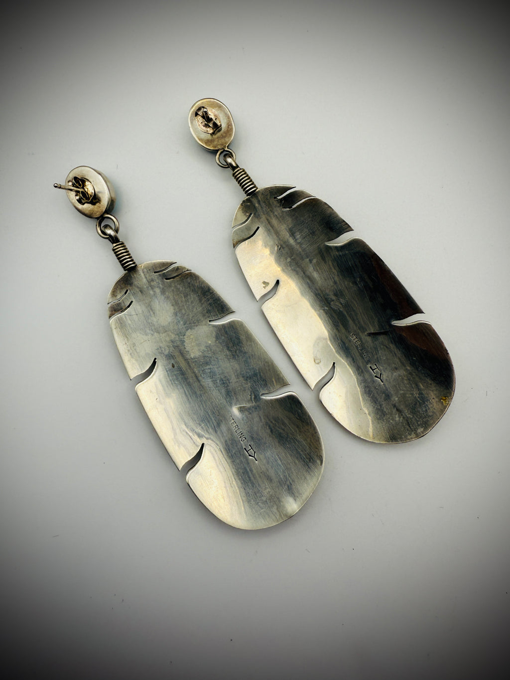 Vintage Sterling Silver Spiderweb Turquoise Feather Earrings  – Signed "HY"