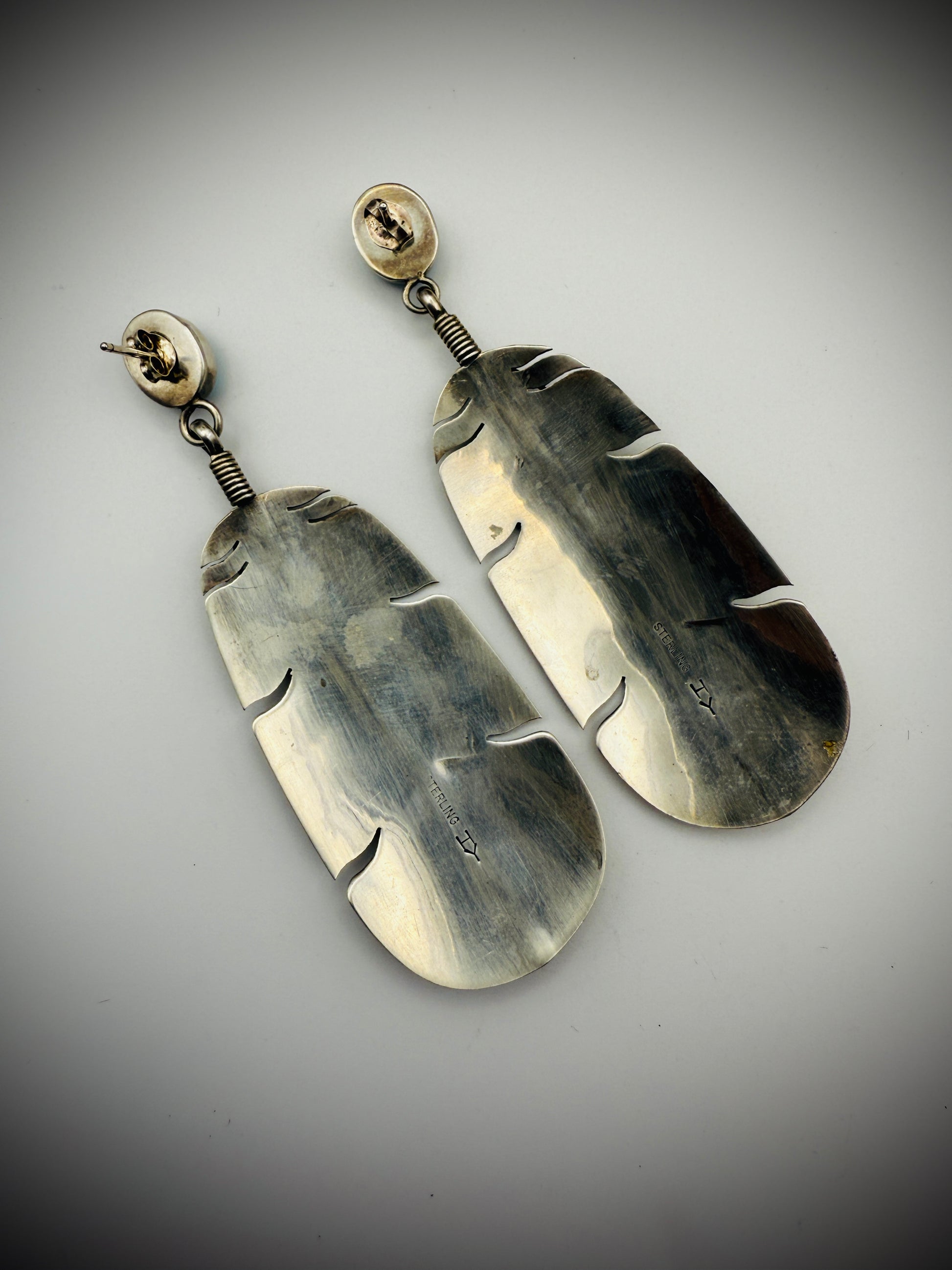 Vintage Sterling Silver Spiderweb Turquoise Feather Earrings  – Signed "HY"