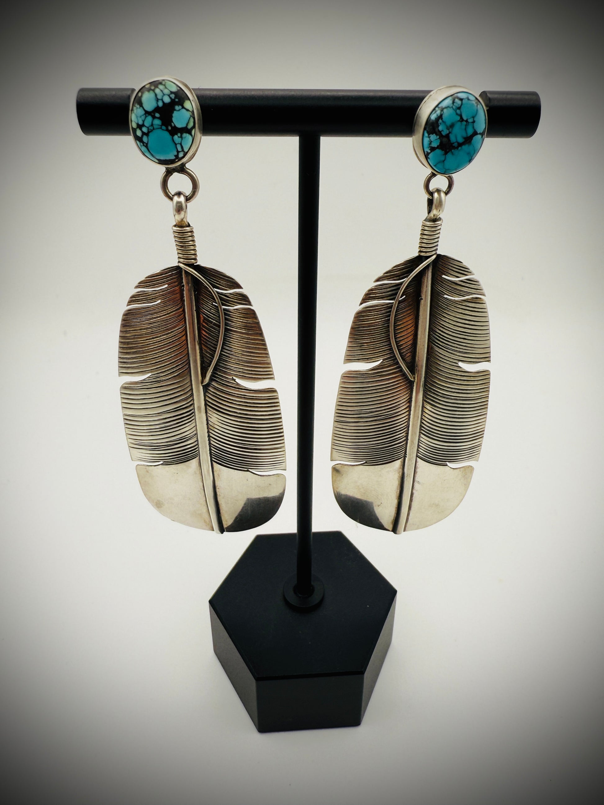 Vintage Sterling Silver Spiderweb Turquoise Feather Earrings  – Signed "HY"