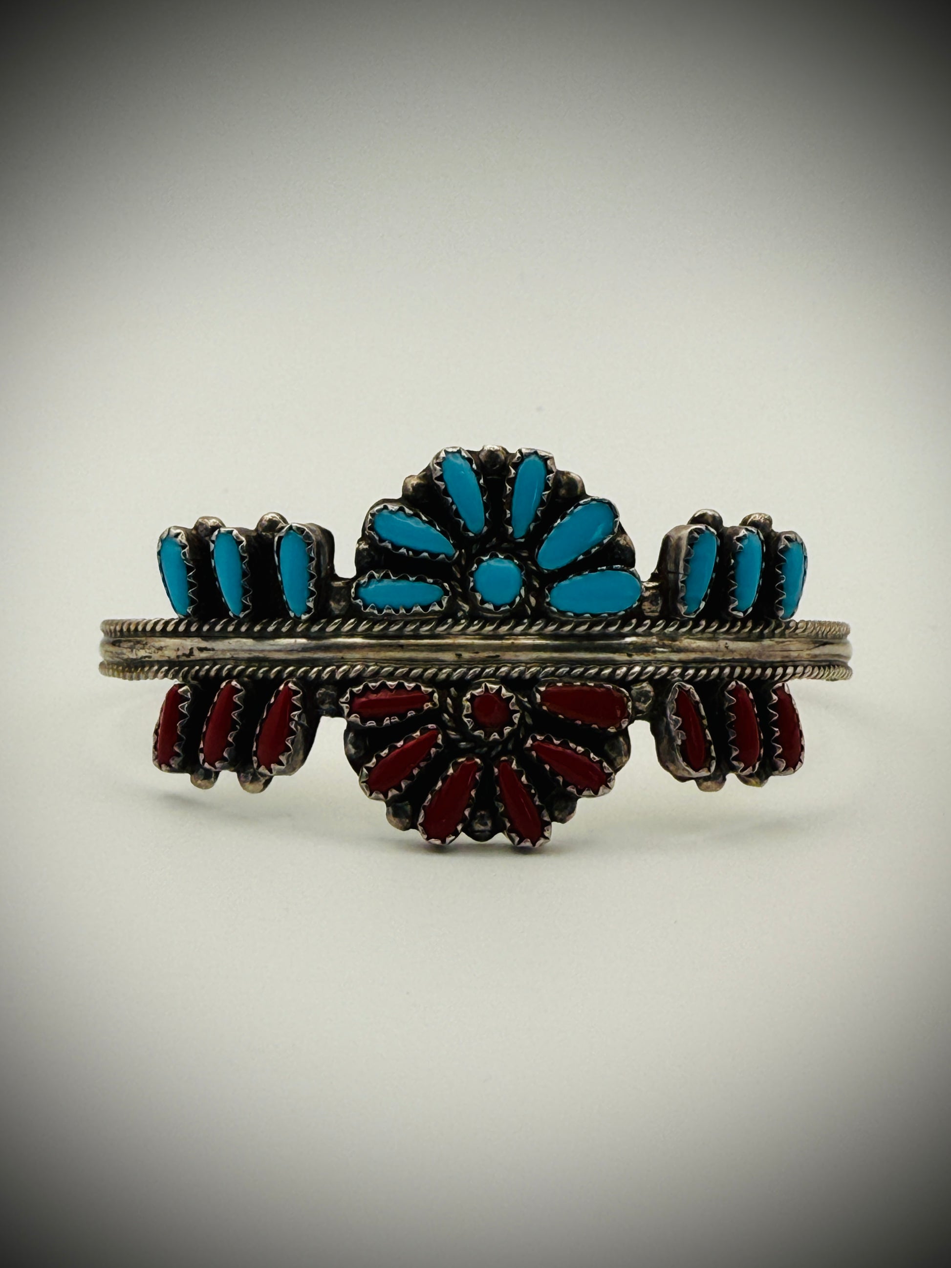 Vintage Zuni Sterling Silver Turquoise & Coral Cluster Cuff – Signed DJ