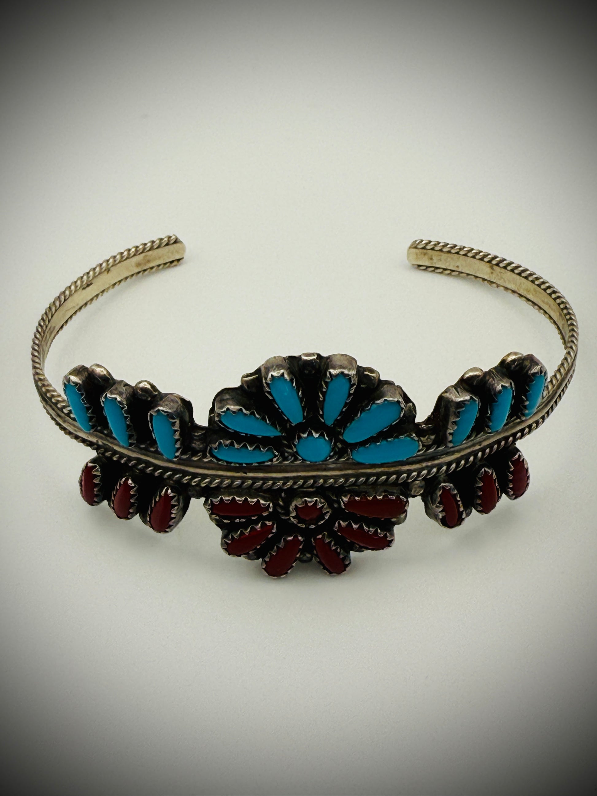 Vintage Zuni Sterling Silver Turquoise & Coral Cluster Cuff – Signed DJ