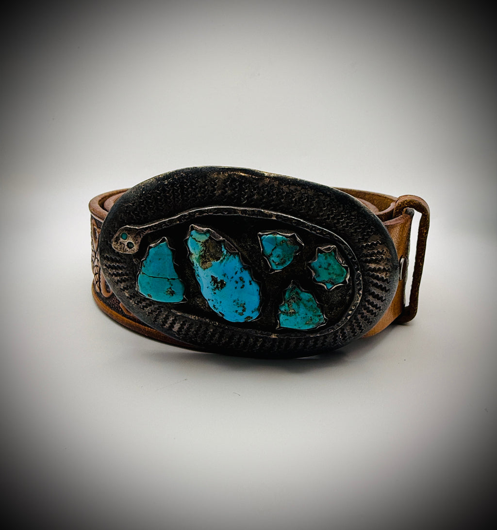Vintage Effie Calavaza Zuni Sterling Silver Snake & Turquoise Belt Buckle w/Belt