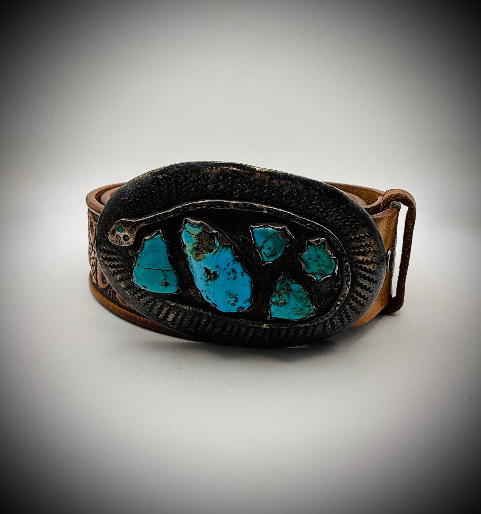 Vintage Effie Calavaza Zuni Sterling Silver Snake & Turquoise Belt Buckle w/Belt