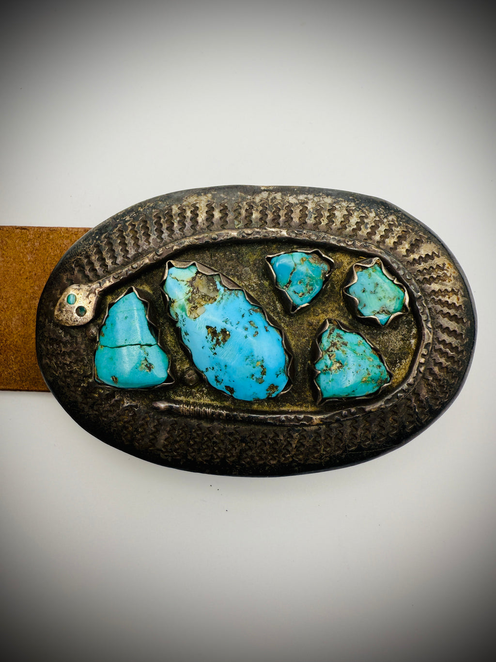 Vintage Effie Calavaza Zuni Sterling Silver Snake & Turquoise Belt Buckle w/Belt